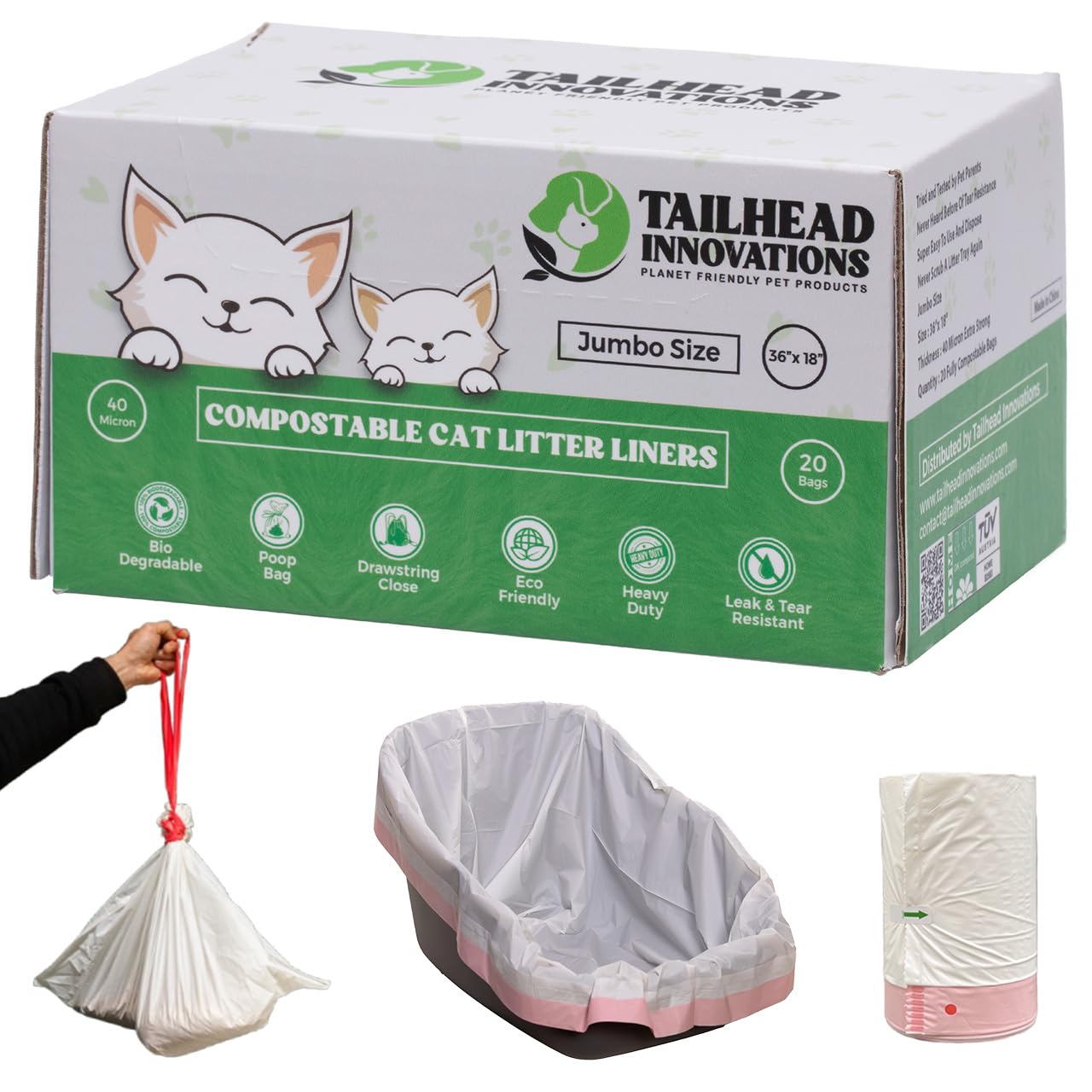 Cat Litter Box Liners - 100% Compostable - Drawstring Close - Scent Free - Jumbo Size XL (36" L x 18" W) - 40 Micron (1.6 Mil) Heavy Duty - 20 Count -