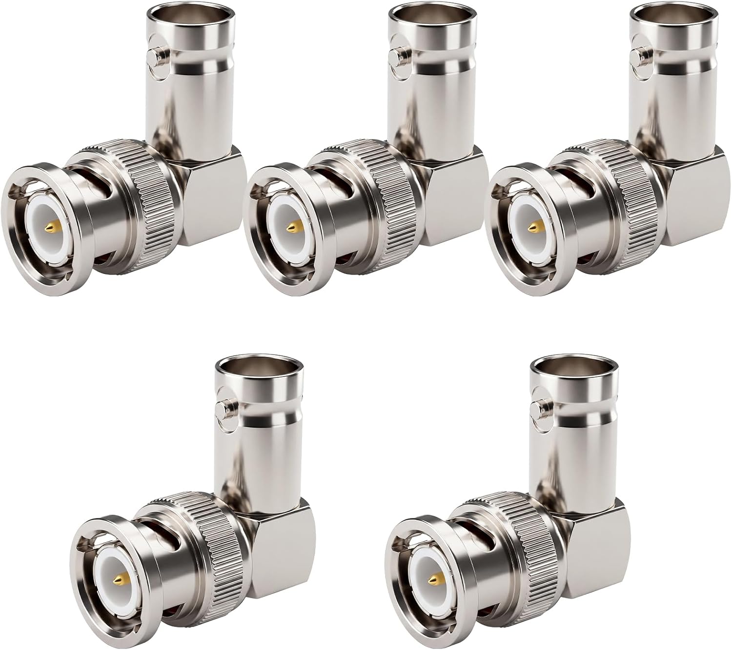 90 Degree BNC Adapter, 5 Pack BNC Male to Female Right Angle Connector 50 Ohm for CCTV Security Camera, Video Audio, Antenna, Wi-Fi Radio, Extension Coaxial Cable, Low Loss for Signal Transmission