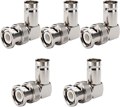 90 Degree BNC Adapter, 5 Pack BNC Male to Female Right Angle Connector 50 Ohm for CCTV Security Camera, Video Audio, Antenna, Wi-Fi Radio, Extension Coaxial Cable, Low Loss for Signal Transmission