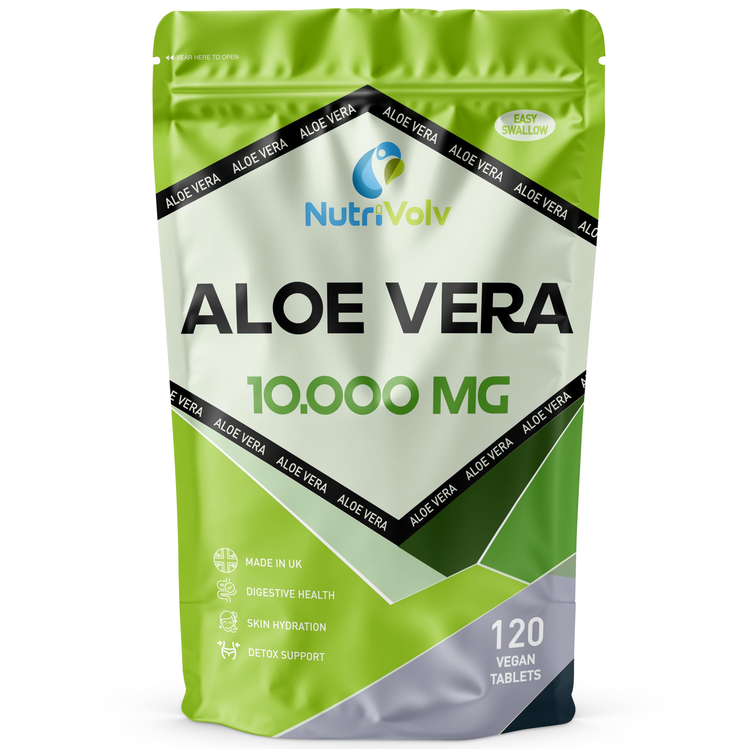 NutriVolvAloe Vera 10,000mg - 120 Tablets | Natural Skincare, Colon Cleanse & Digestion Support | Detox & Immune Boosting Supplement | High Strength Aloe Vera Extract