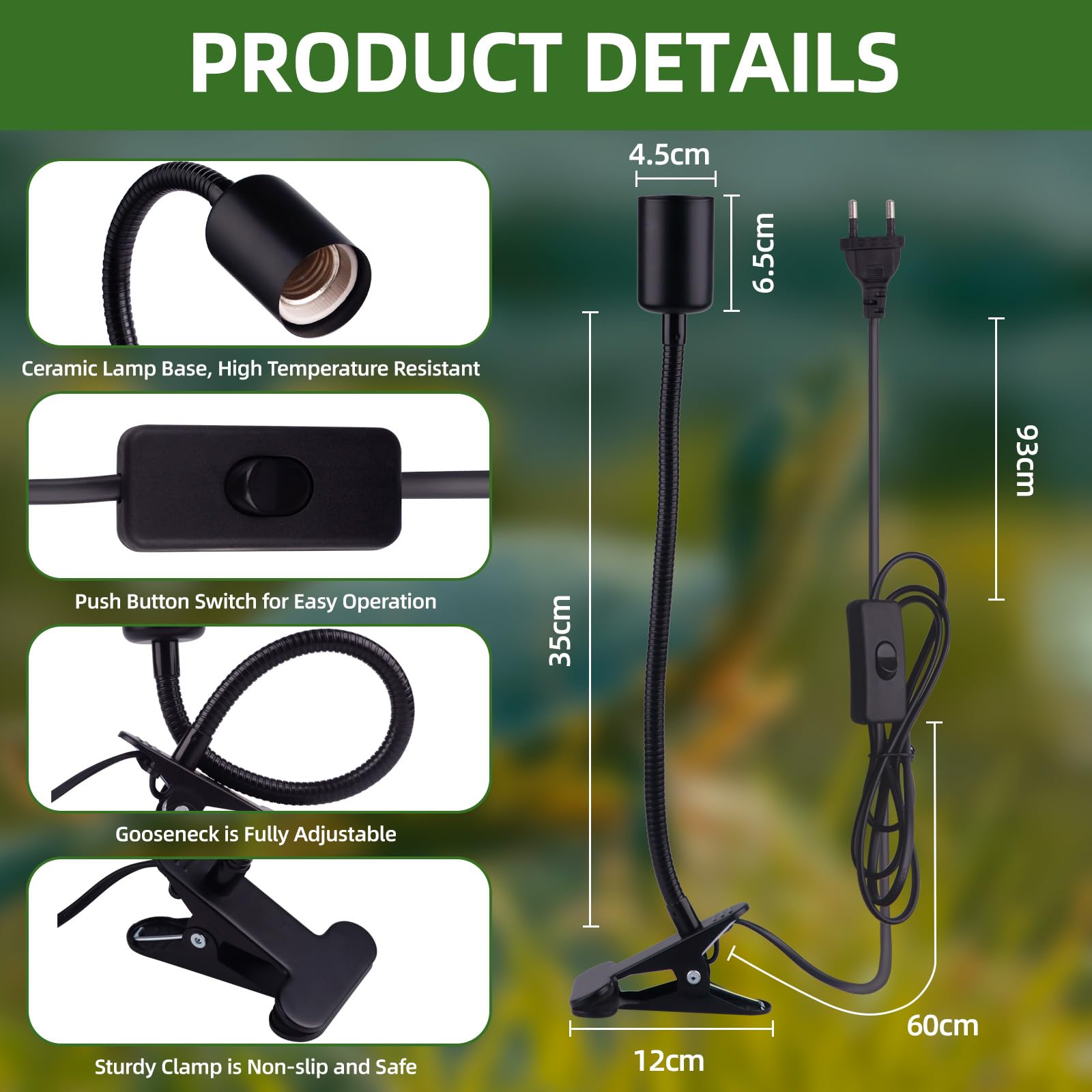 Oprawka lampy E27, czarna, z przełącznikiem i kablem, maks. 150 W, terrarium 220 V, ceramiczna oprawka E27 z zaciskiem do żółwia, gadów, lampa grzewcza (bez żarówki)