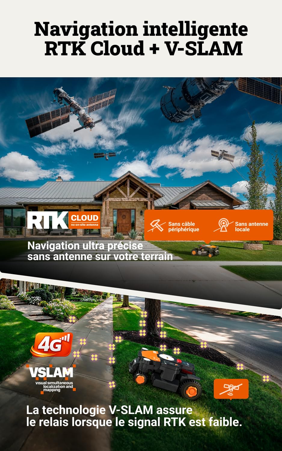 WORX Vision Cloud 4WD WR340E Robot Tondeuse 600 m² sans Fil périphérique + Garage (évitement d'obstacles par IA, Navigation VSLAM + RTK, Pente de 84%, cartographie Auto, contrôle Via app)