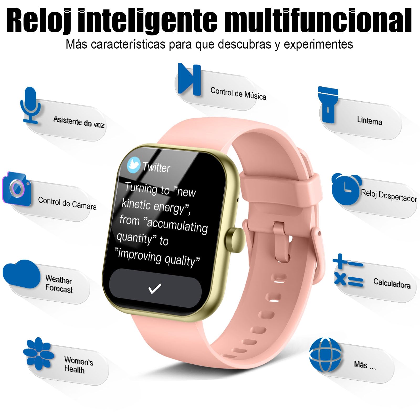Reloj Inteligente Hombre Mujer, 2025 Nuevo 1.96'' Smartwatch Llamada Bluetooth, Pulsómetro/Monitor de Sueño/Podómetro, 110+ Modos Deportivo Hombre,Pulsera Actividad Impermeable IP68 para Android, Rosa