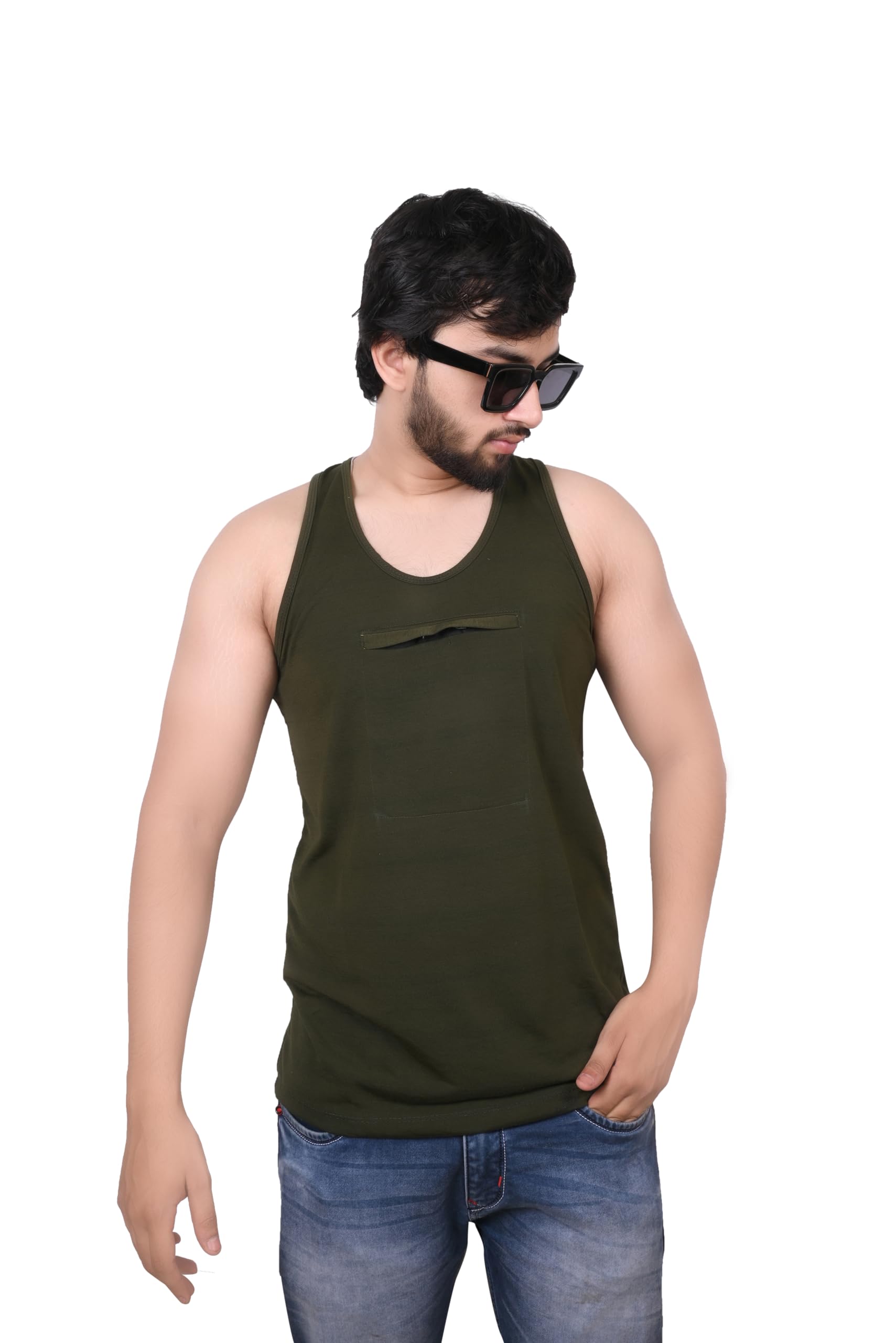 Men's Sleeveless Tank Top with Chest Pocket, Green-picture-43