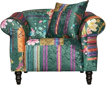 Lovesofas Vibrant Green Patchwork Chair   Multicoloured Floral Armchair 1 Seater Sofa Chair, Stylish Patchwork Sofa Accent for Living Room, Solid Wood Frame & Durable Fabric