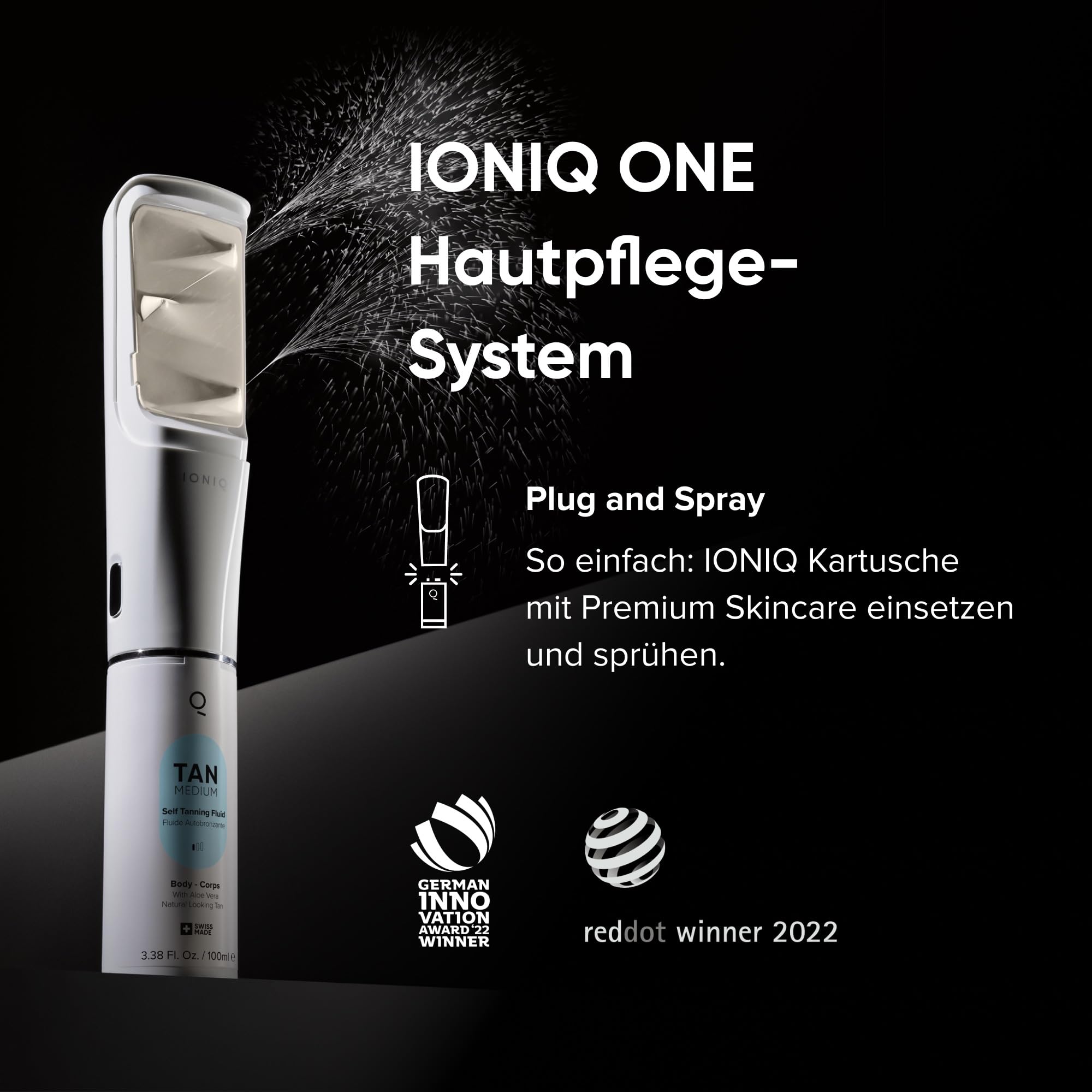 IONIQ Skincare – Selbstbräuner Spray Starter Kit mit IONIQ ONE Sprayer + TAN Medium Kartusche – Natürlich aussehende Bräune in nur 3 Minuten – vegan & ohne unnötige Zusatzstoffe