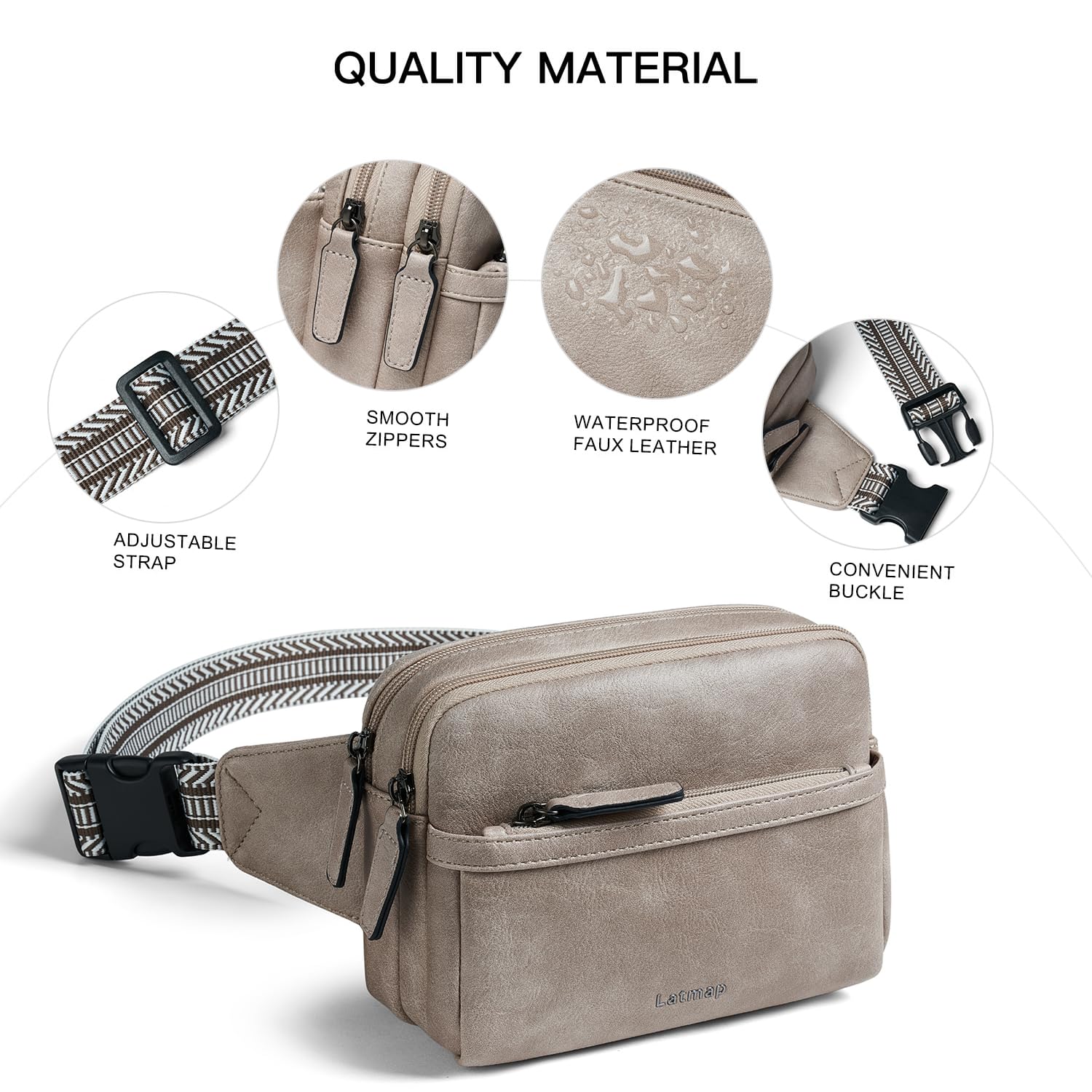 LATMAP 3L Fanny Pack Bumbags for Women Men 4-Zipper Pockets Belt Bag Sling Waist Pack Faux Leather Chest Bag Greyish - Image 4