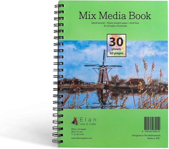 Elan Mixed Media Book A4, 30 Sheets 300gsm Paper, Multi-purpose Art Pad A4, Acid-Free Paper Art Books, Heavy Paper Mixed Media Sketchbook, Mixed Media Paper, Art Sketchbook A4 for Drawing and Painting
