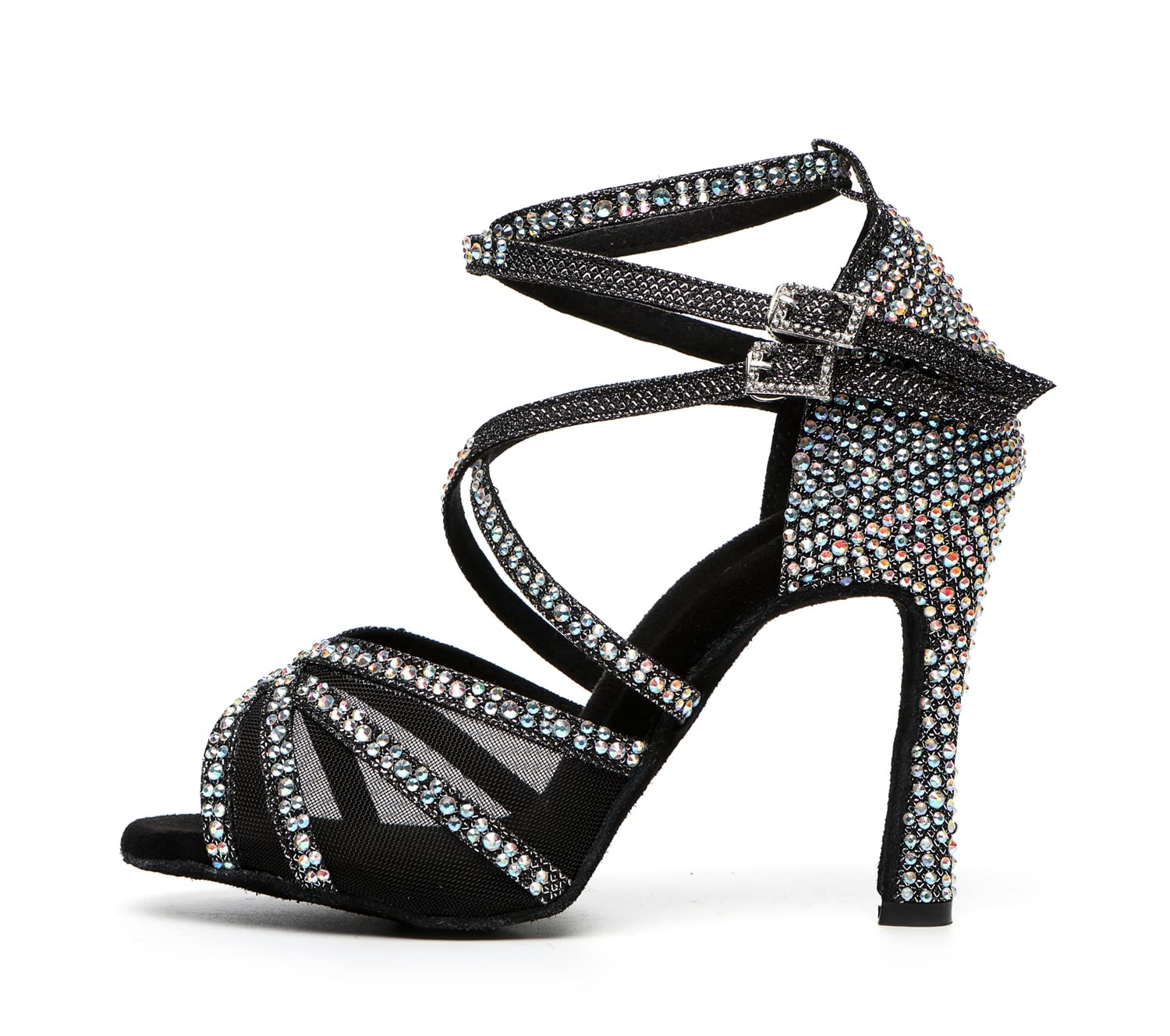 Scarpe da ballo glitterate da donna, sandali con cinturino alla caviglia in rete con strass