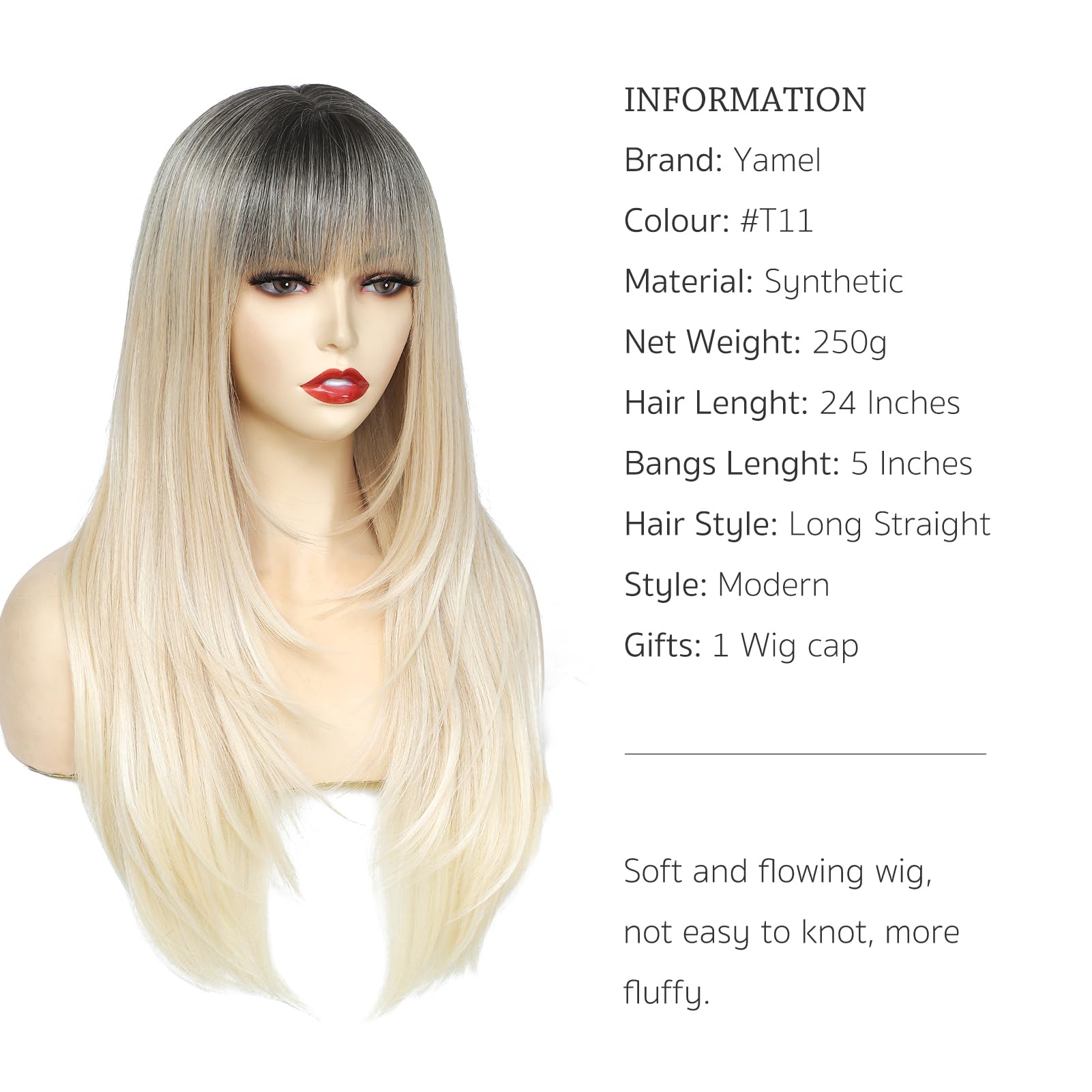 Yamel Hair Wigs with Fringe Ombre Blonde 24 Inch Adjustable Cosplay or Daily Natural Straight Long Wigs for Women Lady - Image 2