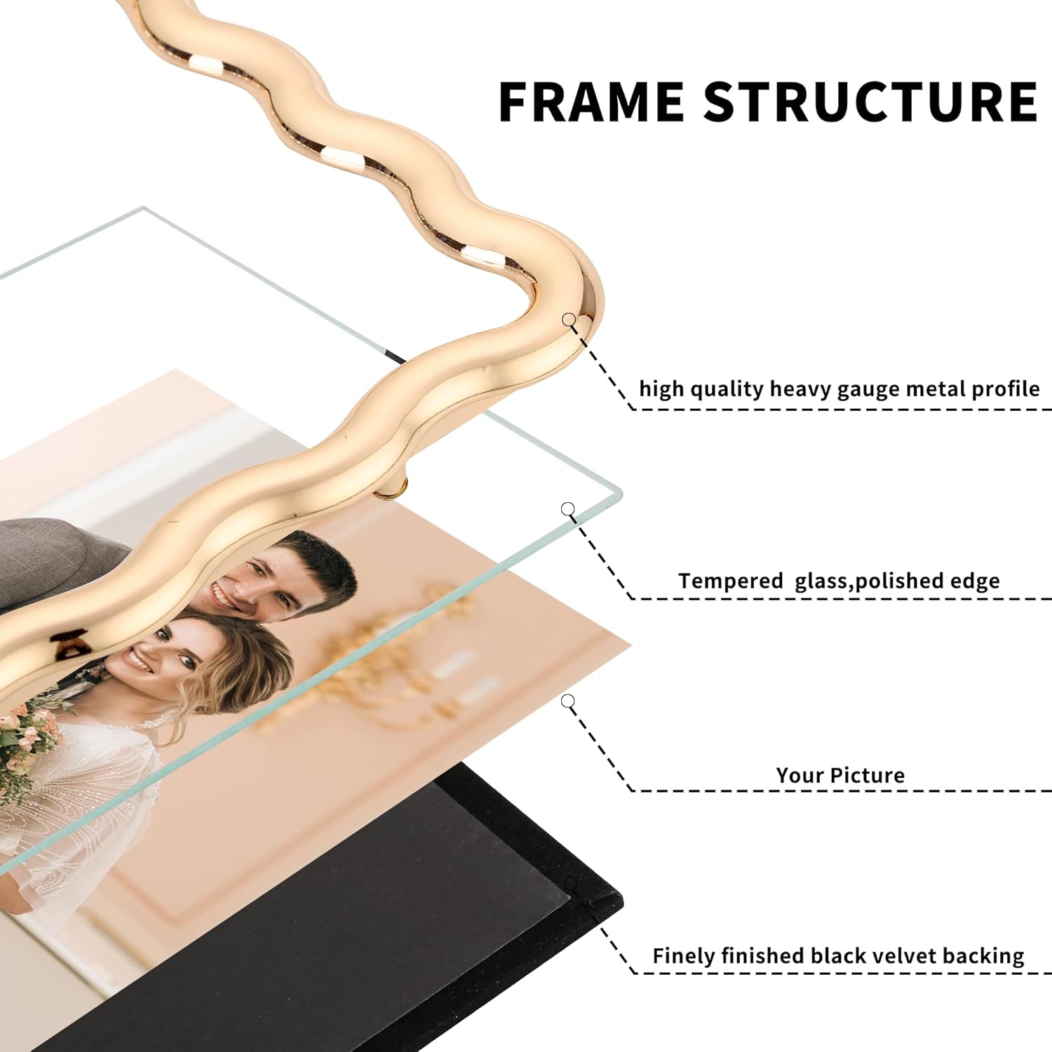 High-End Gold 8x10'‘ Heavy-Duty Zinc Alloy Picture Frames 2-Pack,with Acid-Free Mats for 5x7’',Unique Wave Design,with Soft Velvet Backing,for Desktop Display and Wall Hanging