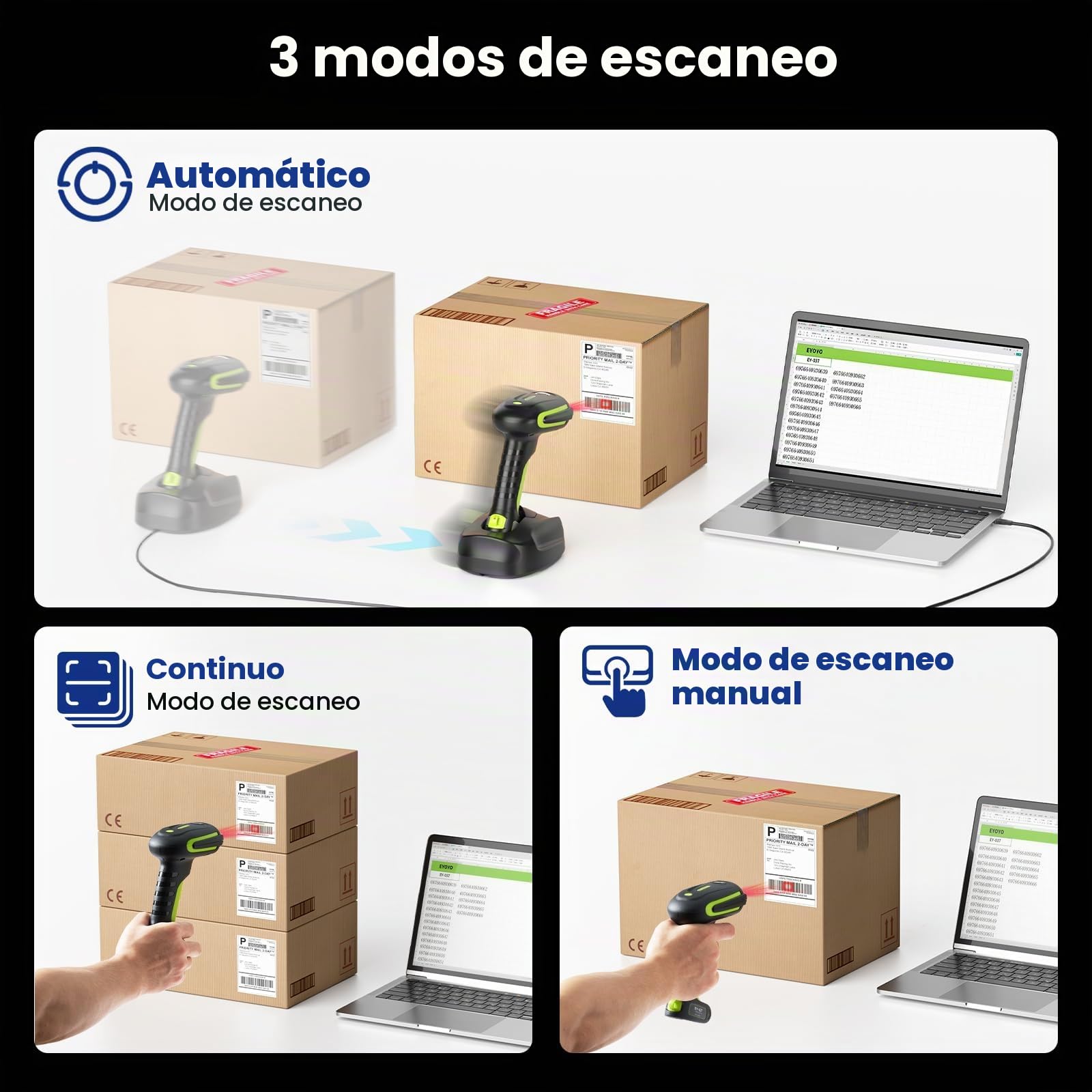 Eyoyo 2D QR Industrial - Escáner de códigos de barras inalámbrico con soporte de carga inalámbrico, resistente, resistente al agua, IP65, lector de códigos de barras 3 en 1 con Bluetooth, inalámbrico