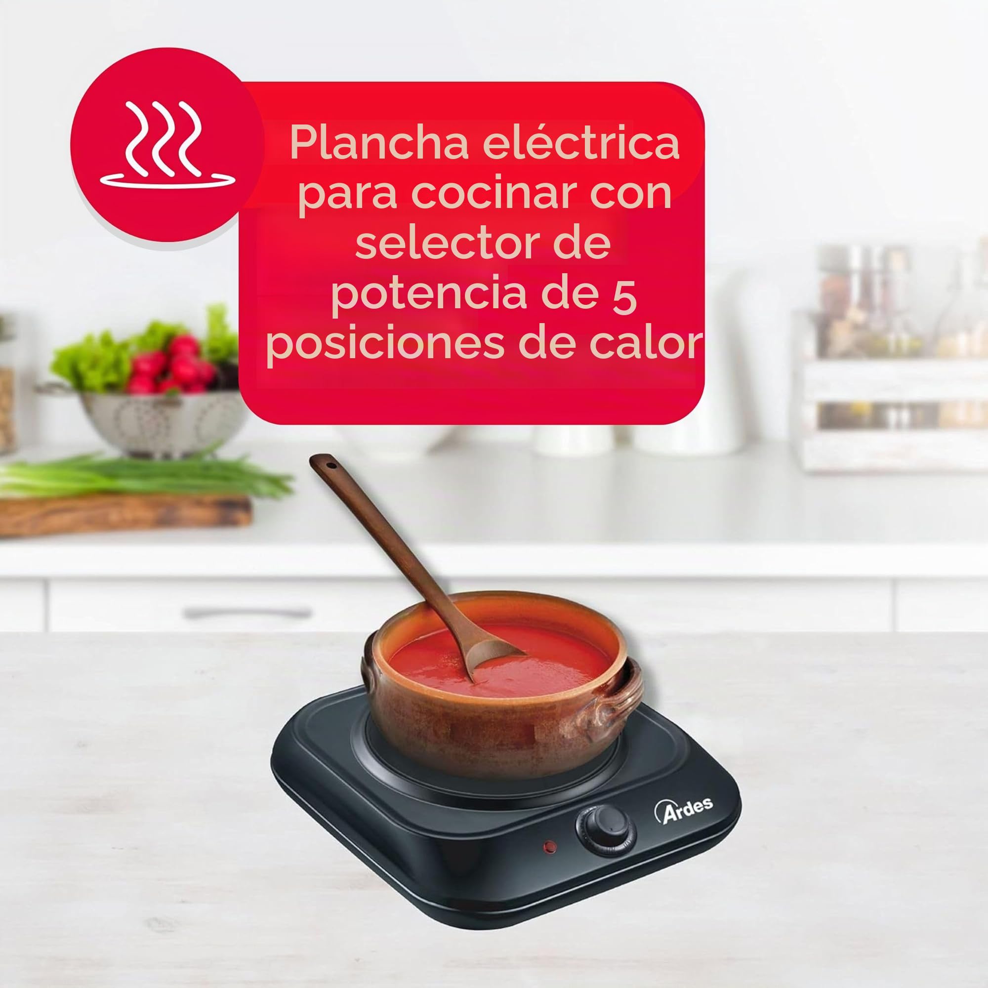 ARDES Placa Eléctrica para Cocinar en Vitrocerámica 5 Niveles de Potencia Compatible con Todas las Ollas Hornillo de Camping Eléctrico Portátil ‎AR1F401