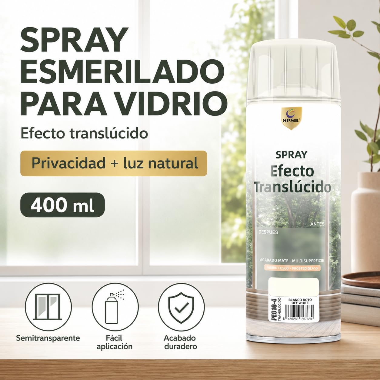 SPSIL Spray Efecto Translúcido Esmerilado Blanco Roto 400ml X 6, Acabado Mate, Resistente al Agua, para Vidrio, PVC, Acrílico y Proyectos Decorativos Interiores