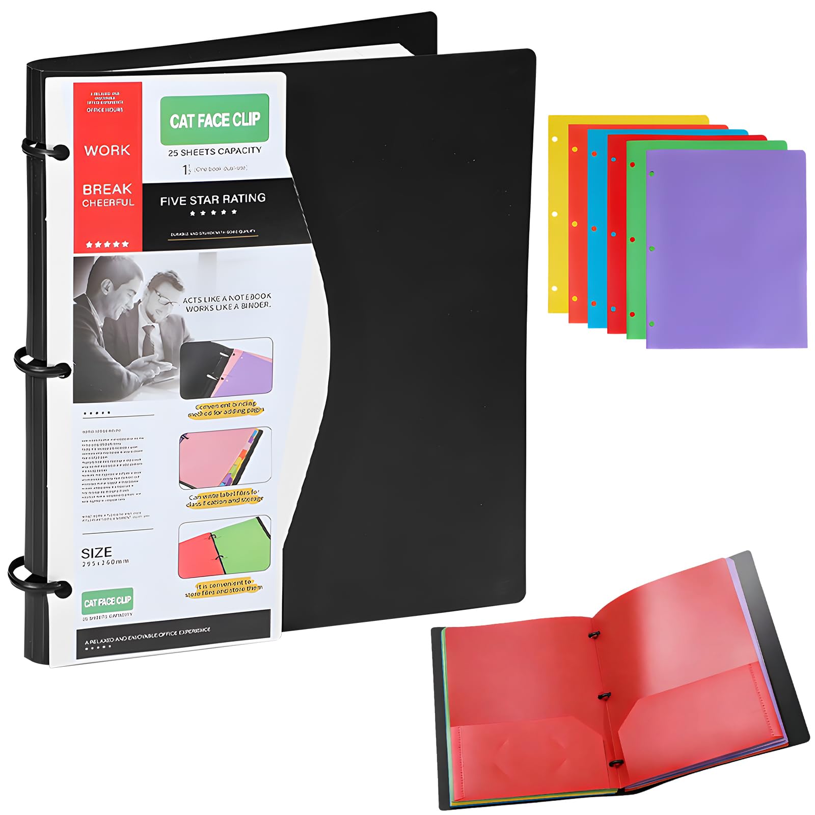 All-in-One Telescoping Ring Binder Folder, Refillable Folders 3 Ring Binder, Flexible Binder Organizer with Pockets Black Casing and 6 Colorful Folder for Certificates, Receipts, Paper, Art, Projects