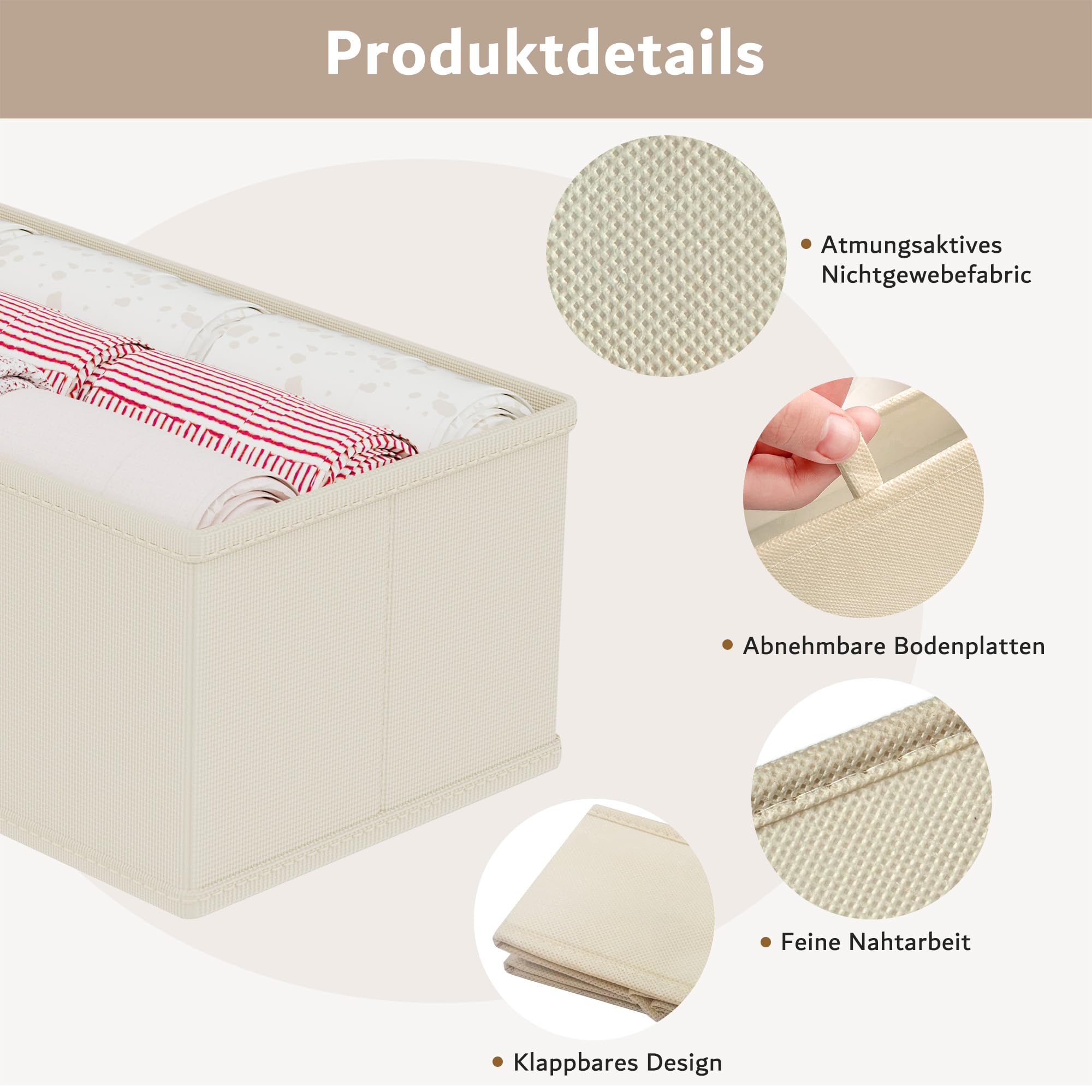 10er Set Schubladen Organizer faltbar, Unterwäsche Organizer,Ordnungssystem Kleiderschrank, Aufbewahrungsbox Schrank, Stoffboxen Aufbewahrung, für BHs Socken Krawatten, Beige