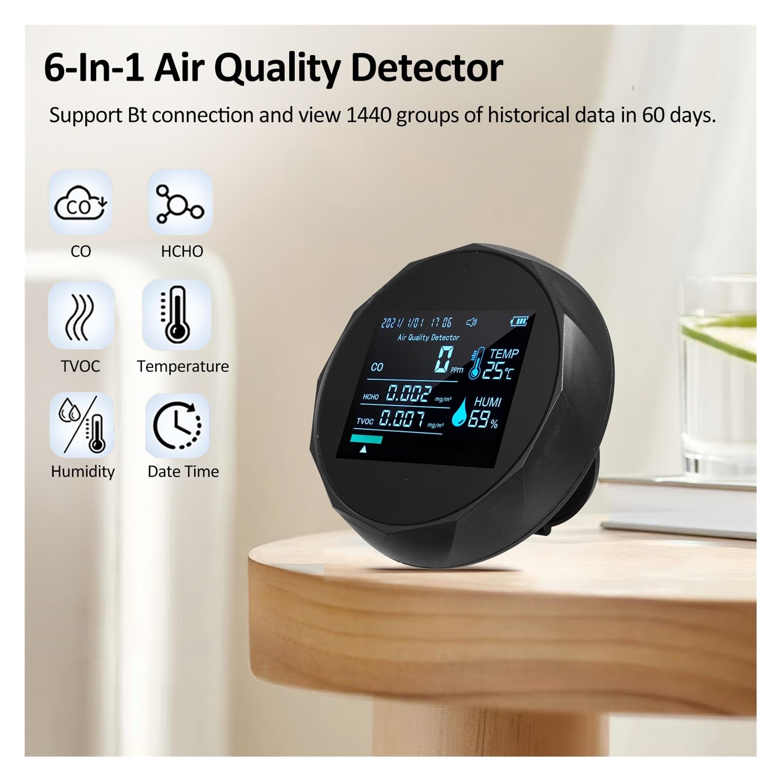 Monitor de Calidad del Aire, Monitor de calidad del aire 6 en 1, Detector de formaldehído, probador de calidad del aire, fecha, hora, CO TVOC, HCHO, analizador de humedad y temperatura
