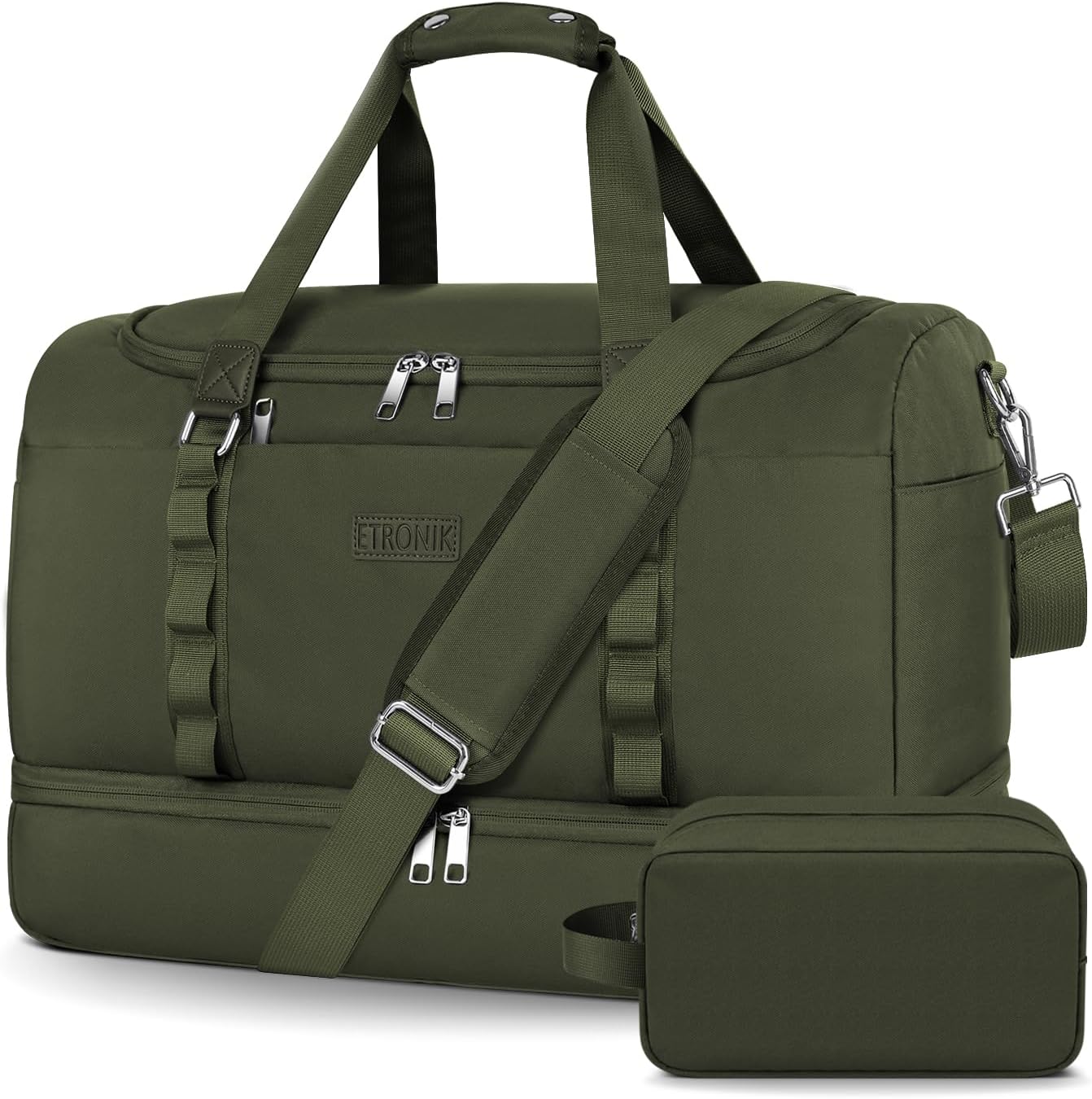 ETRONIK Gym Bag for Men Women, Large Travel Duffle Bag with Shoe Compartment, Carry on Bag with Toiletry Bag, Weekender Overnight Bag for Sports Business Trip, Green