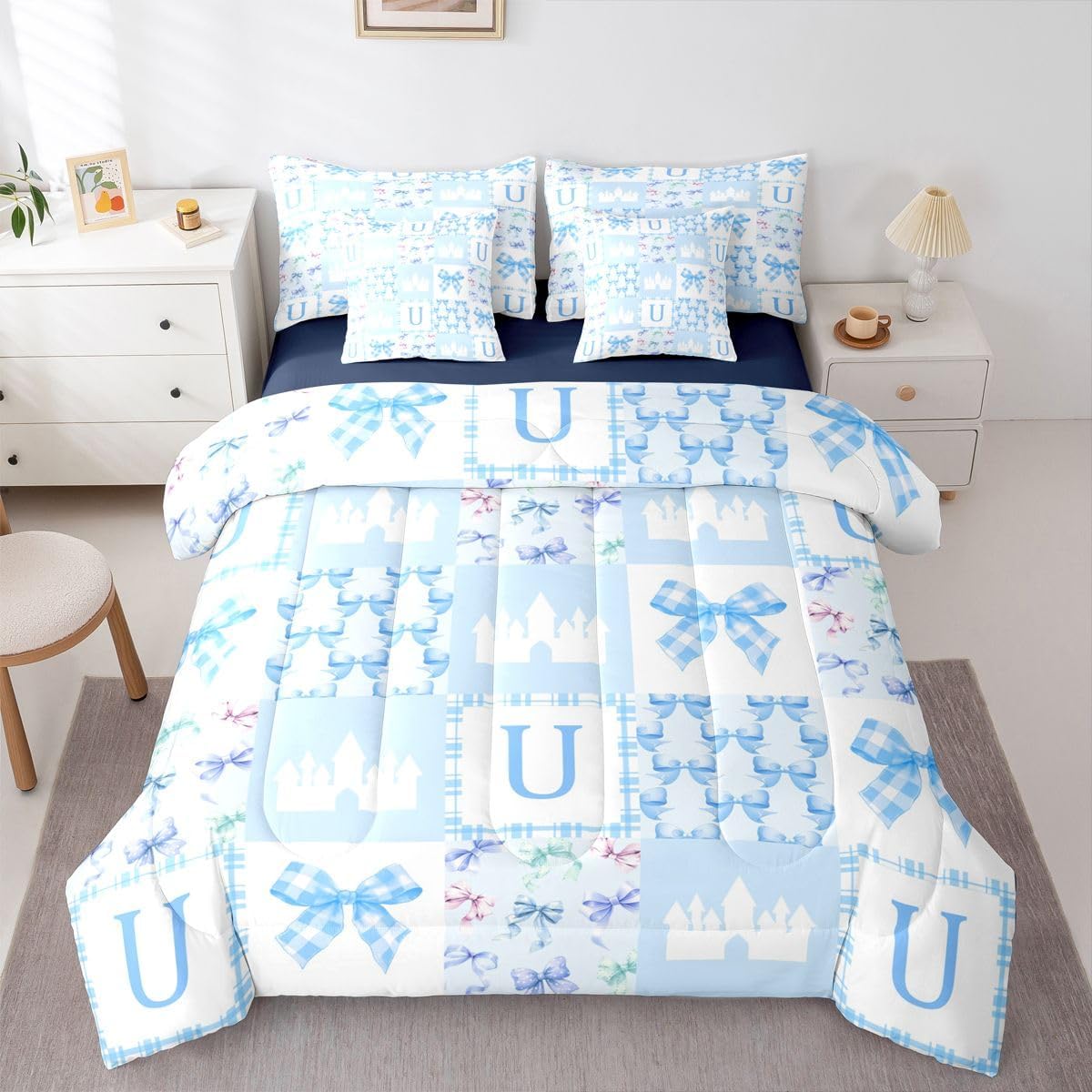 Erosebridal Initial U Letter 7 Pcs Bedding Set Full Ribbon Bow Comforter Set with Sheets Kawaii Bowknot Castle Bed in A Bag Aesthetic Bedroom Decor