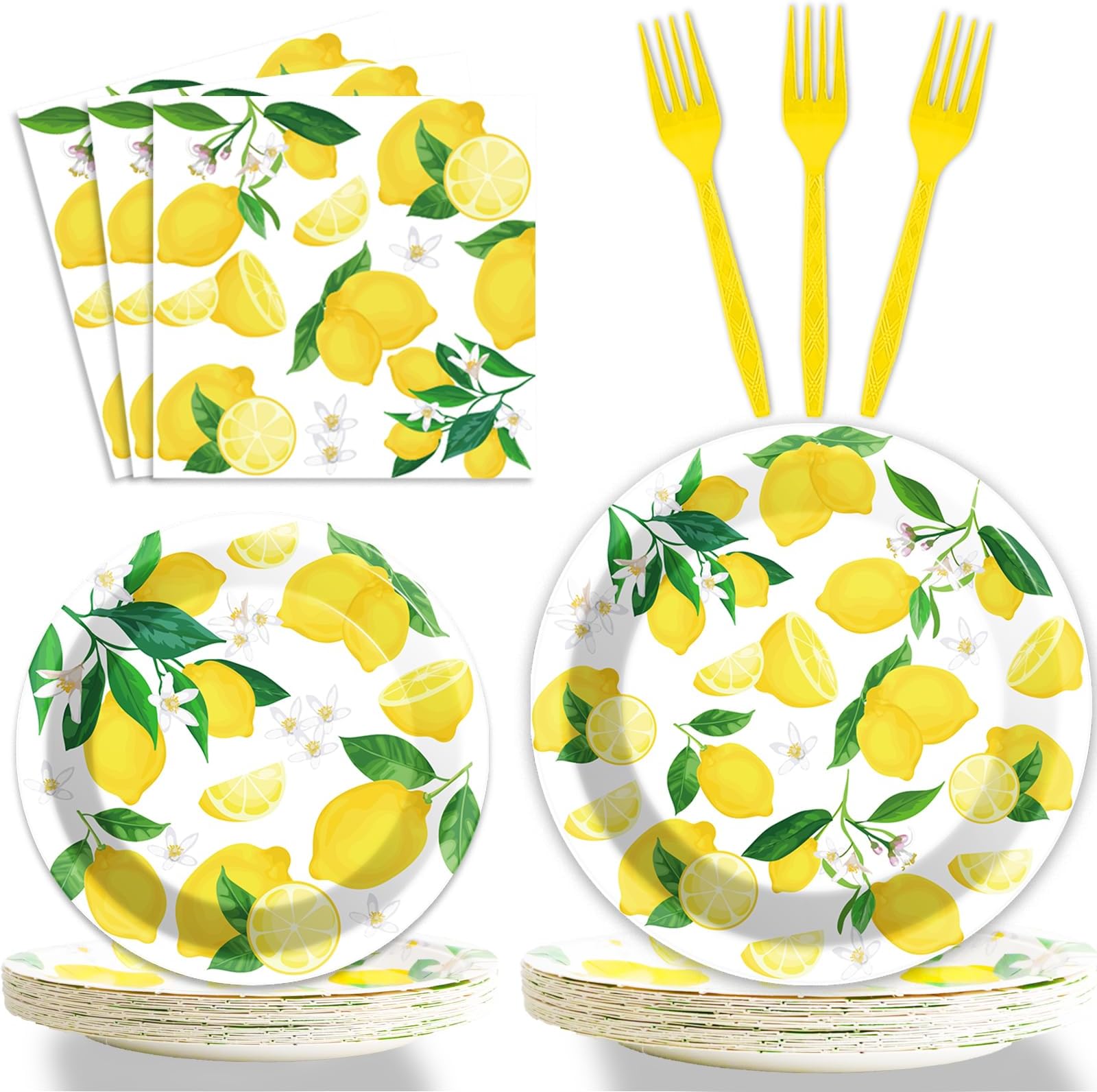 Wiooffen 96 Pcs Lemon Party Yellow Lemons Summer Party Decoration For Birthday Party Tableware Set Lemon Theme Party Paper Plate Napkin Fork 24 Guests