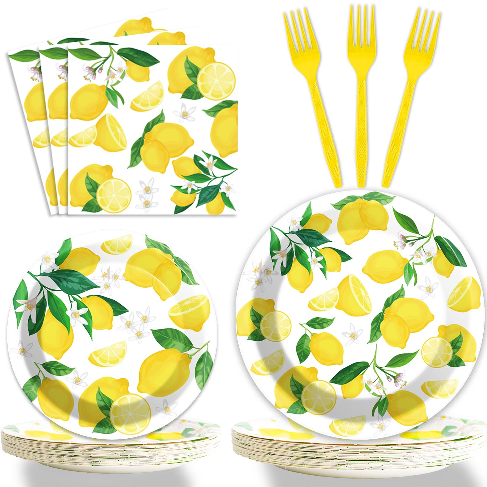 Wiooffen 96 Pcs Yellow Lemons Summer Party Decoration For Birthday Party Tableware Set Lemon Theme Party Paper Plate Napkin Fork 24 Guests