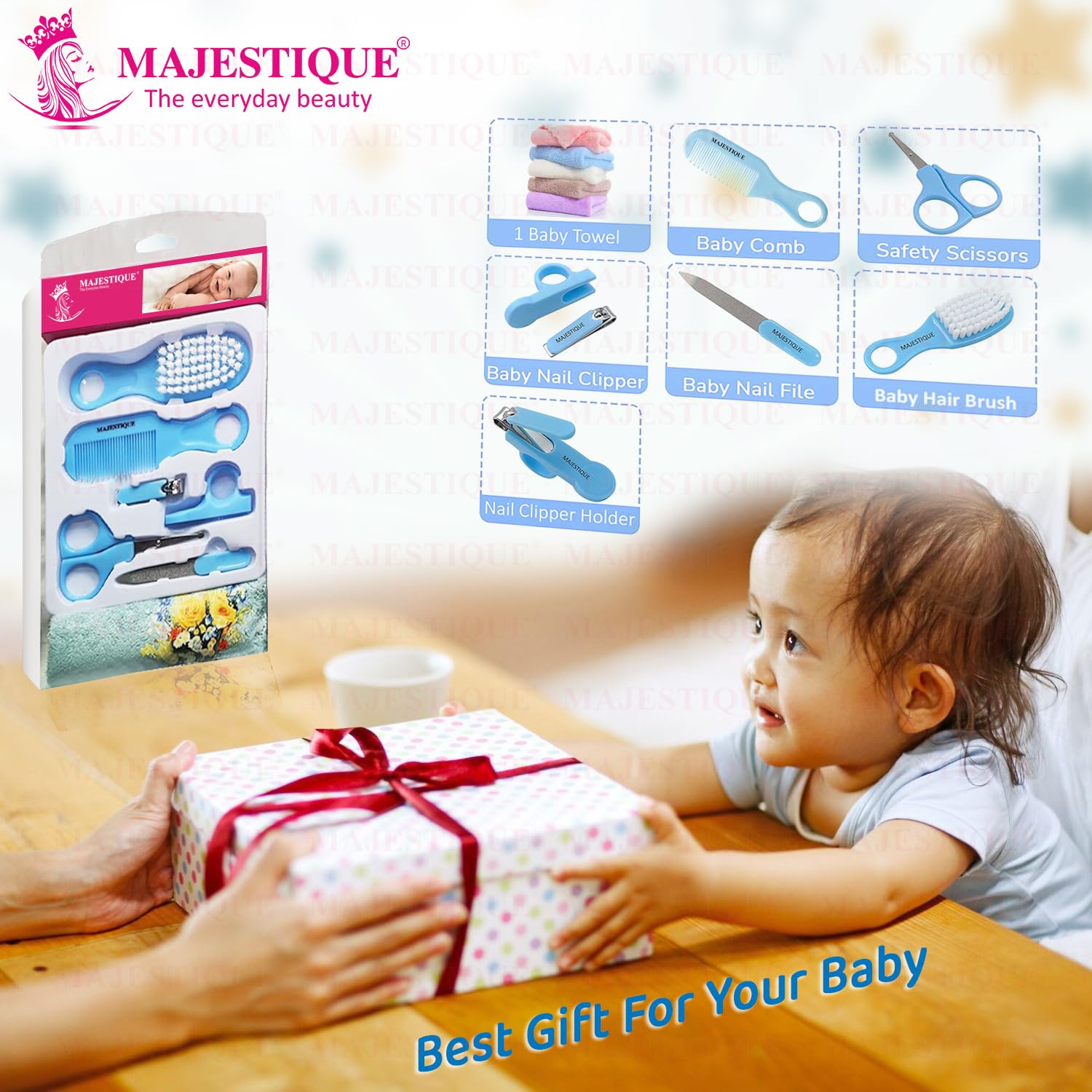 Majestique Baby Grooming Set, Baby Hair Brush, Comb, Nail Clipper, Nail File and Soft Baby Towel, Baby Grooming Kit for New Born Baby, Toddlers Infant Girl Boys Keep Clean (7 in 1) 1