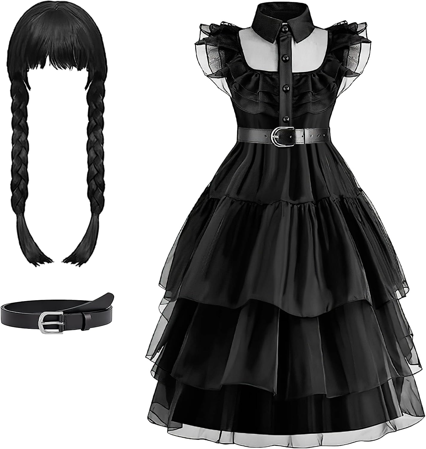 Wednesday Addams Perücke Schwarz - Mit Zöpfen Für Halloween Cosplay