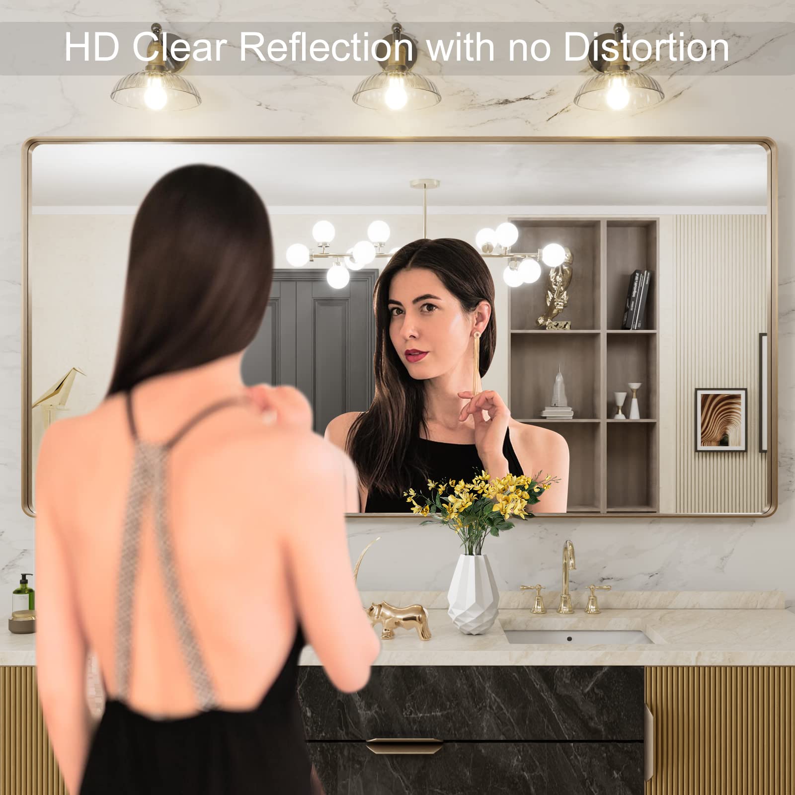 LOAAO 72”X36” Gold Bathroom Mirror, Rounded Rectangle Gold Frame Mirror, Brushed Gold Bathroom Vanity Mirror Wall-Mounted, Anti-Rust, Tempered Glass, Hangs Horizontally or Vertically - 3