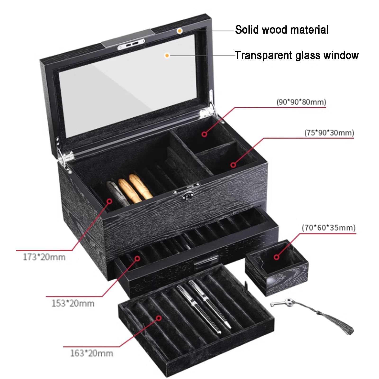 Vitrina de almacenamiento para 28 bolígrafos, caja expositora de bolígrafos de madera de 3 capas, con almacenamiento de botellas de tinta, ventana de vidrio, para almacenamiento de plumas estilográfic