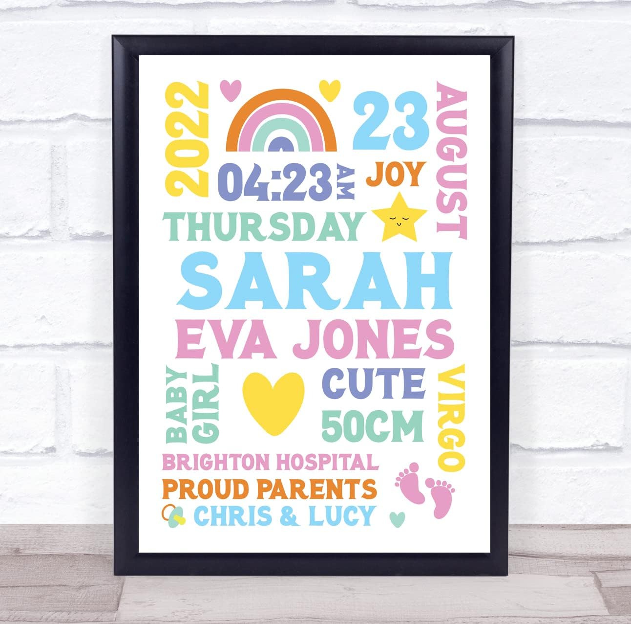 New Baby Birth Nursery Christening Colorful Typographic Keepsake Gift Print