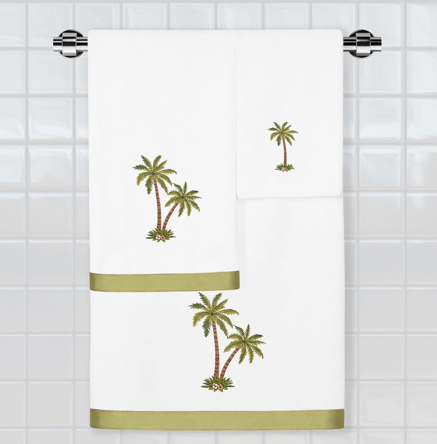 Flourish 2-Piece Fingertip Towel Set, Elegant Palm Tree Applique, Luxurious Turkish Cotton, Absorbent & Stylish, Unique Bathroom Accessory, 2 Fingertip Towels, White