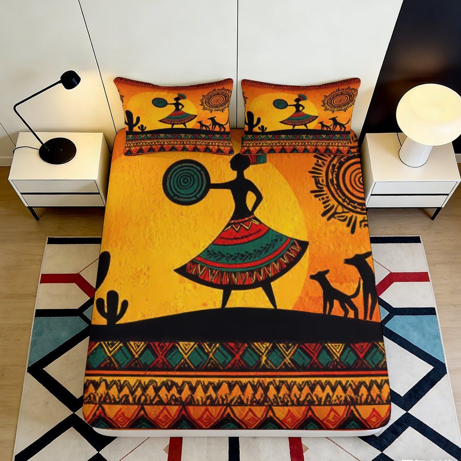 Jqzkxnhpbr Style-2 3D Printed African Tribal Art Fitted Sheet Microfiber Soft Vibrant Sunset Bed Cover For Bedroom Dorm Decor 90X200x25cm