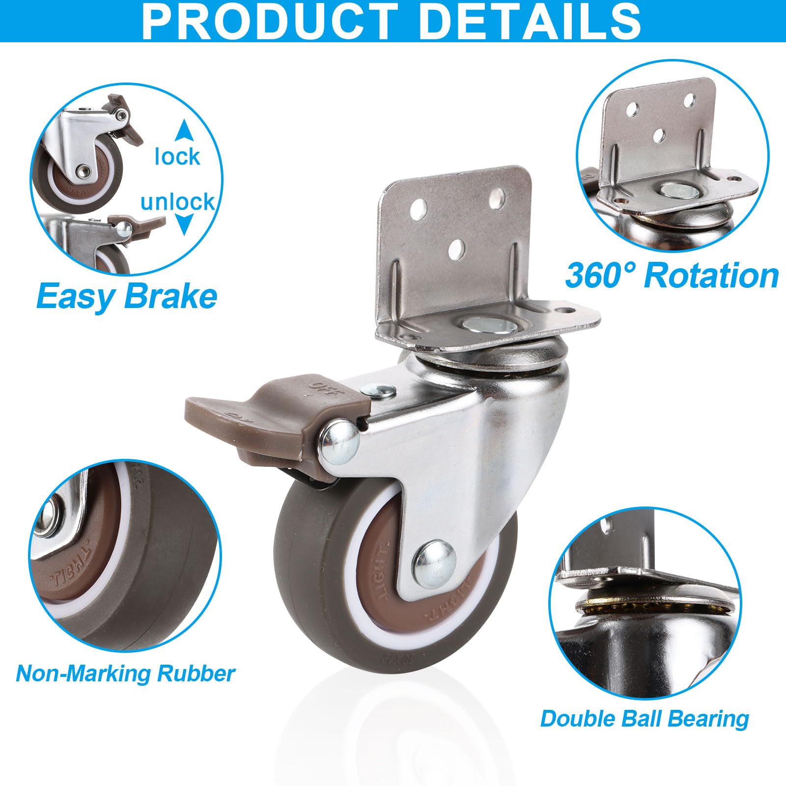 8 Ruote Per Mobili Con Freni - Diametro 50mm, Tipo L, Girevoli, In Gomma, Capacit&agrave; Carico 27kg, Per Interni/Esterni