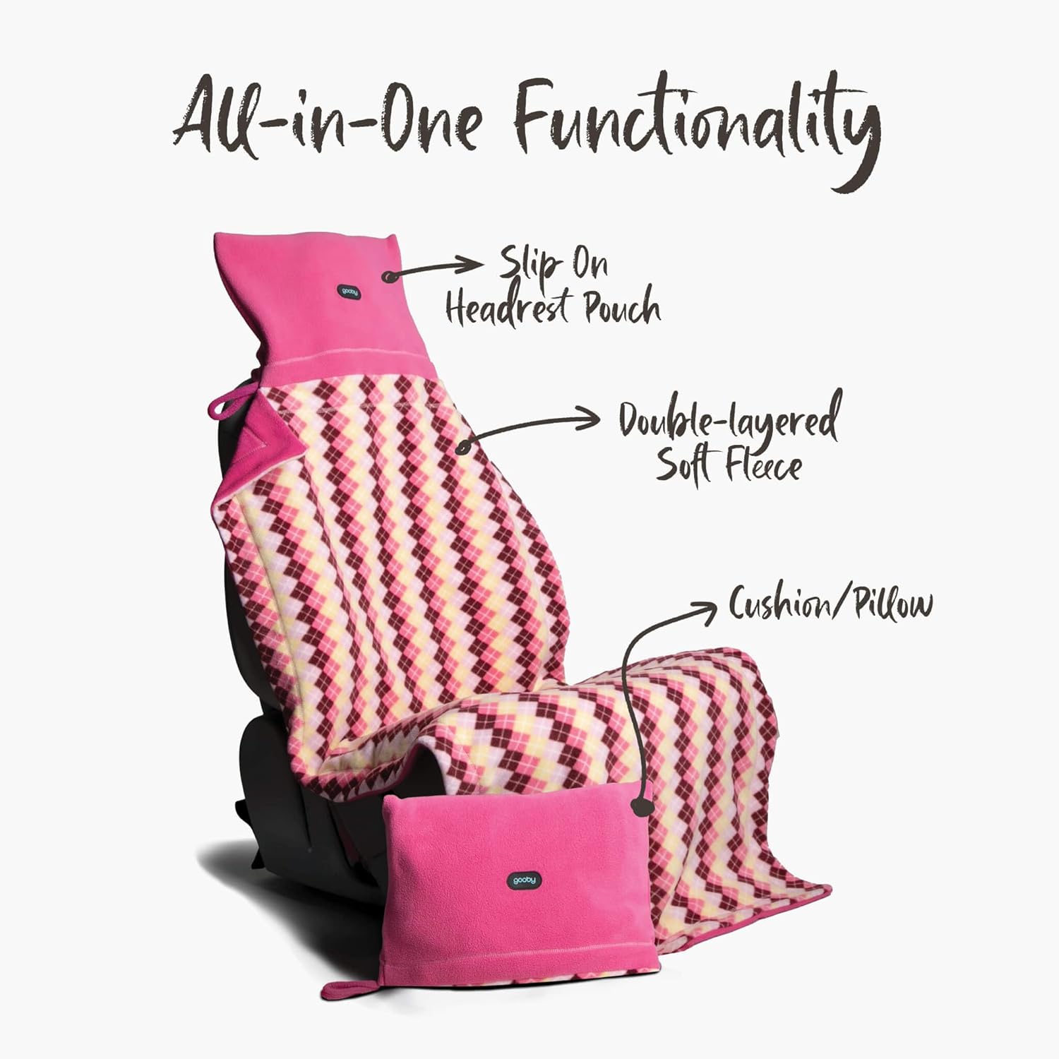 Gooby 3-in-1 Seat Blanket for Dogs – Cushion, Seat Cover & Blanket, Soft Double-Layered Fleece, Quick-Attach Headrest, Argyle Pink