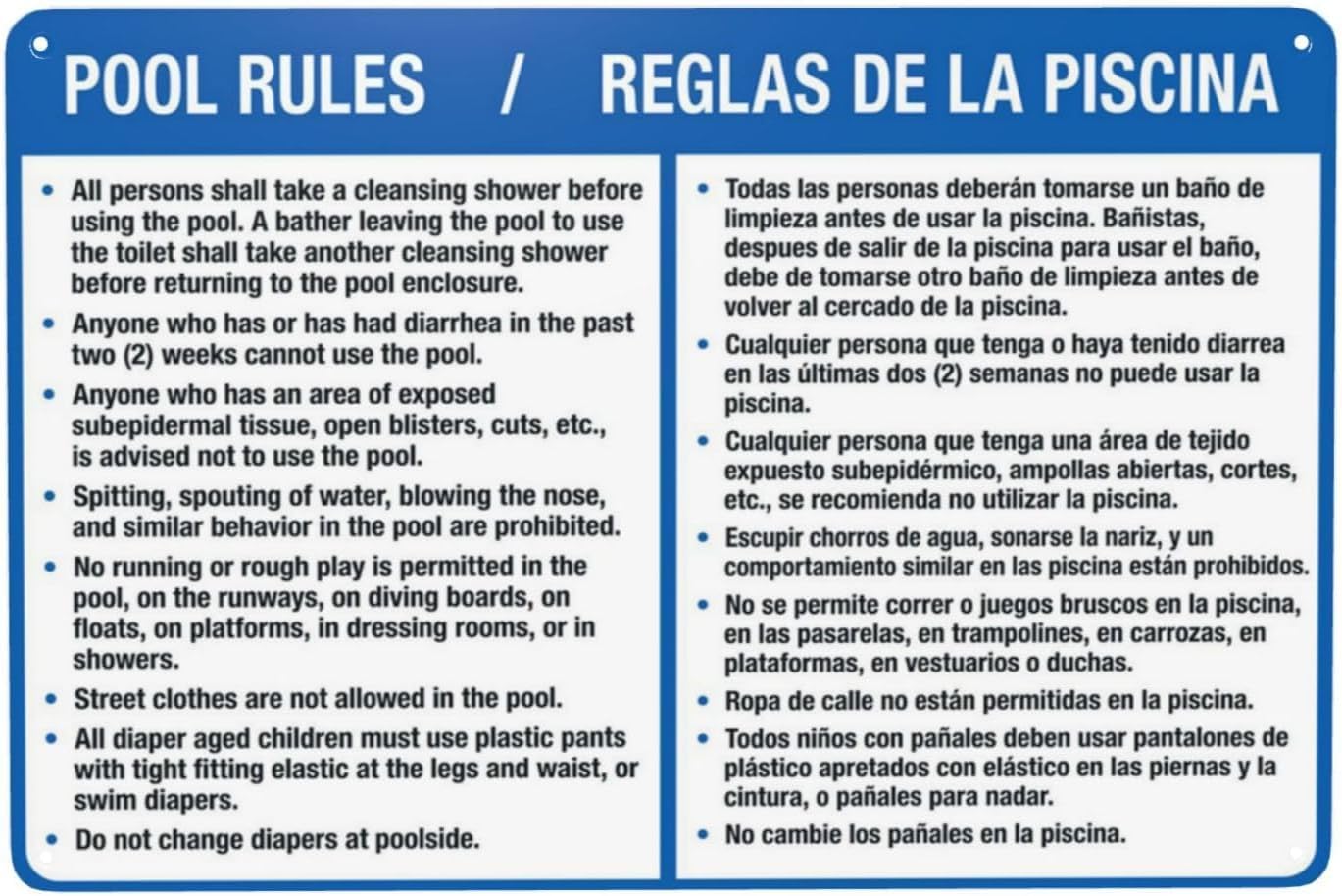 Pool Rules Bilingual Spanish-English Rust Free Aluminum Sign - Retro Pool Safety Decor with Pre-Drilled Holes for Home/Business Pool - 12x16 Inch​