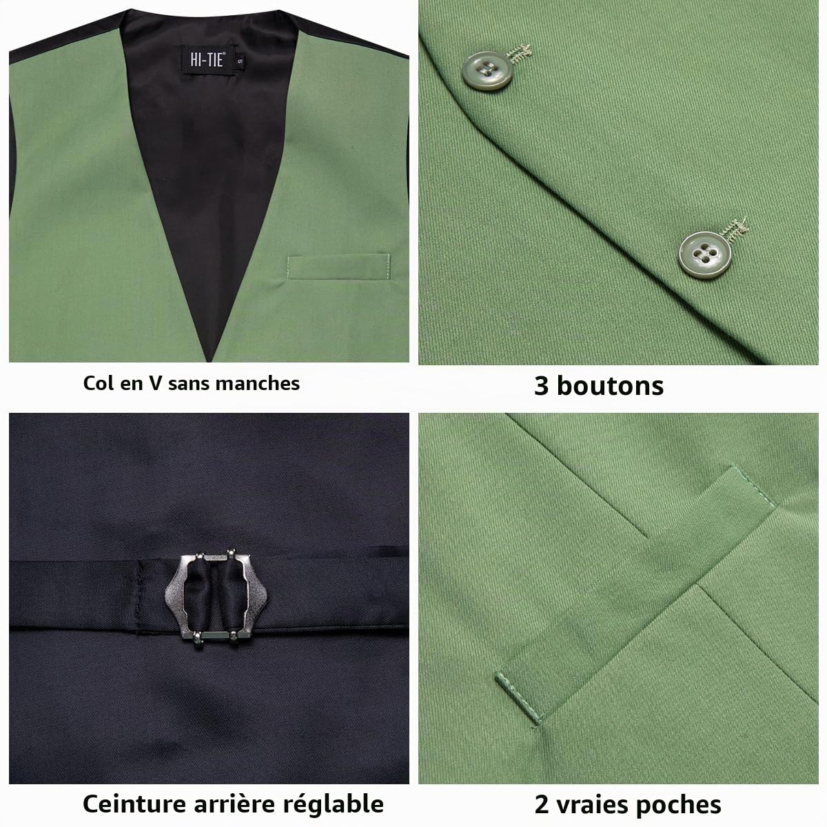 Hi-Tie Gilet de costume à carreaux uni et col en V pour homme, coupe ajustée, 3 poches, smoking formel, décontracté, pour mariage ou travail