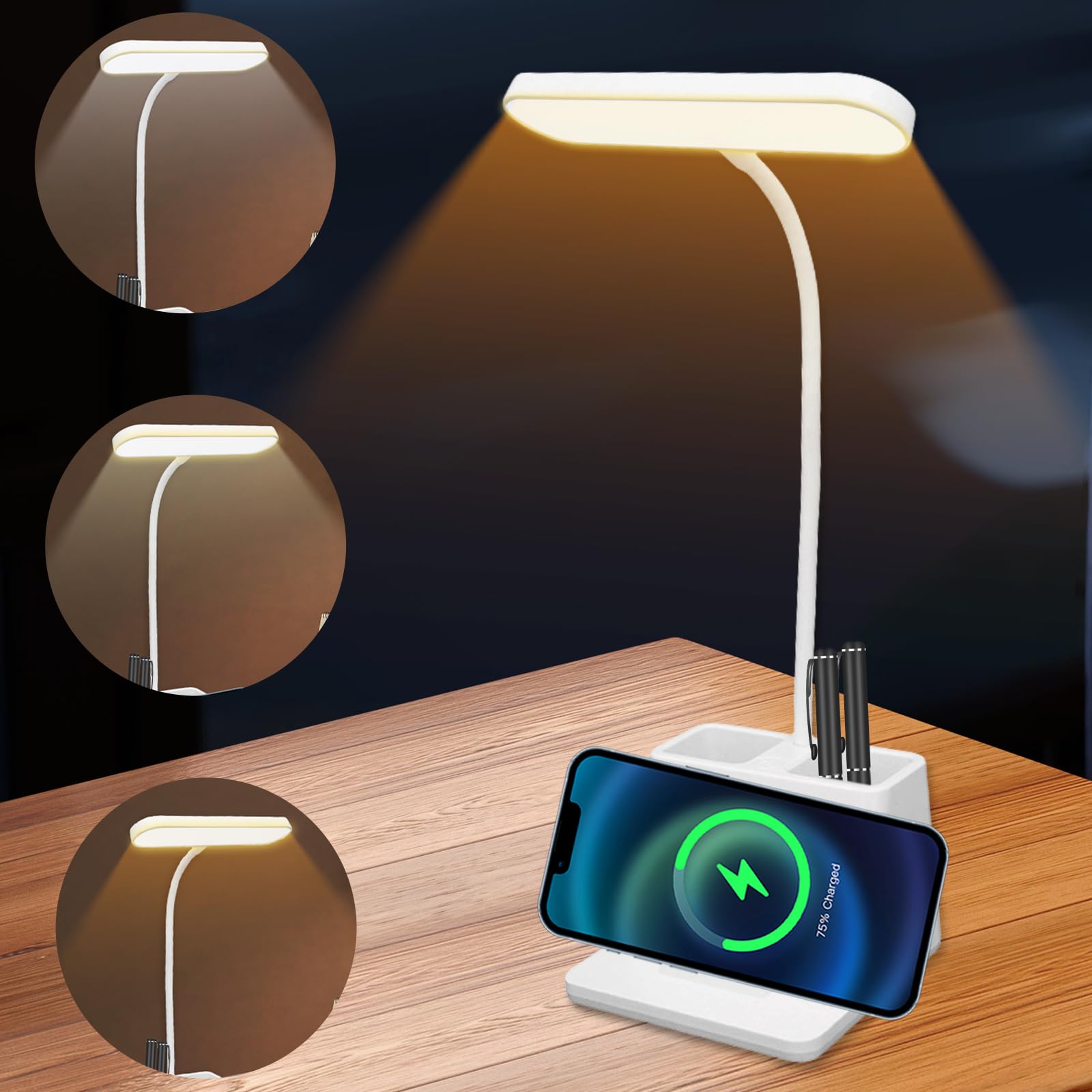 Leikurvo Lámpara de escritorio para niños, lámpara de mesa LED con soporte para bolígrafos, lámpara de mesita de noche, regulable, recargable, lámpara de lectura LED ajustable 360°, cuello de cisne,