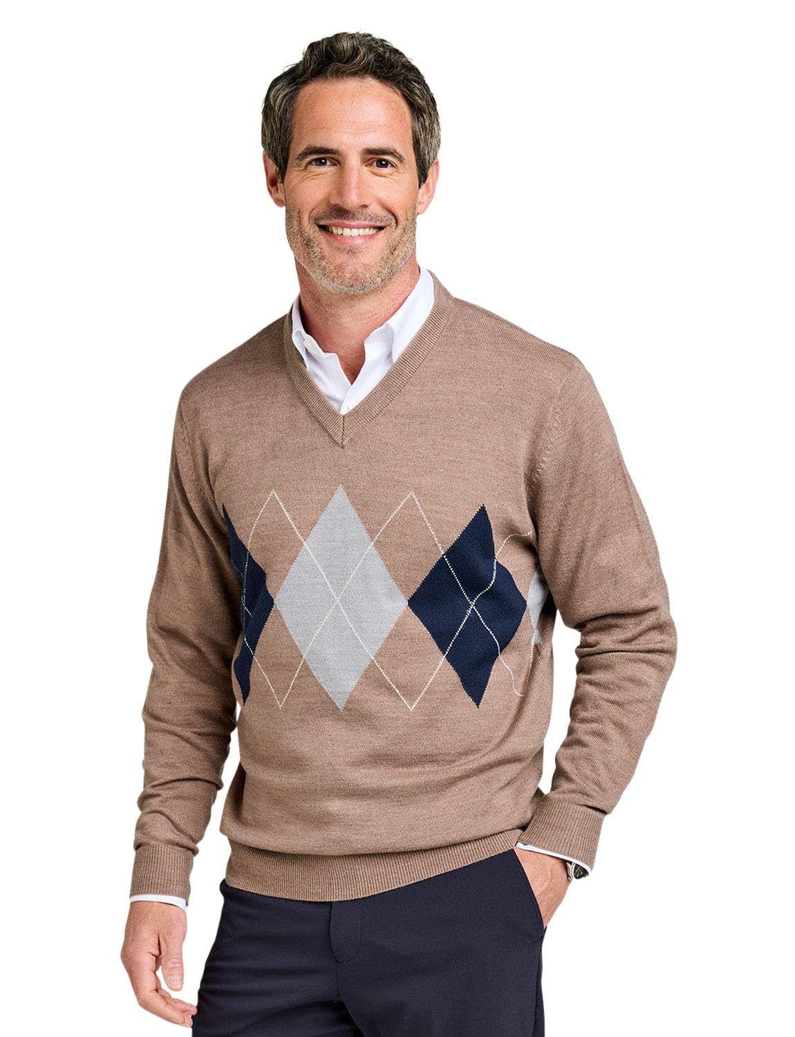 Tootal Men's Fawn Argyle V Neck Jumper Classic Knitted Cotton Blend Sweater With Retro Pattern M