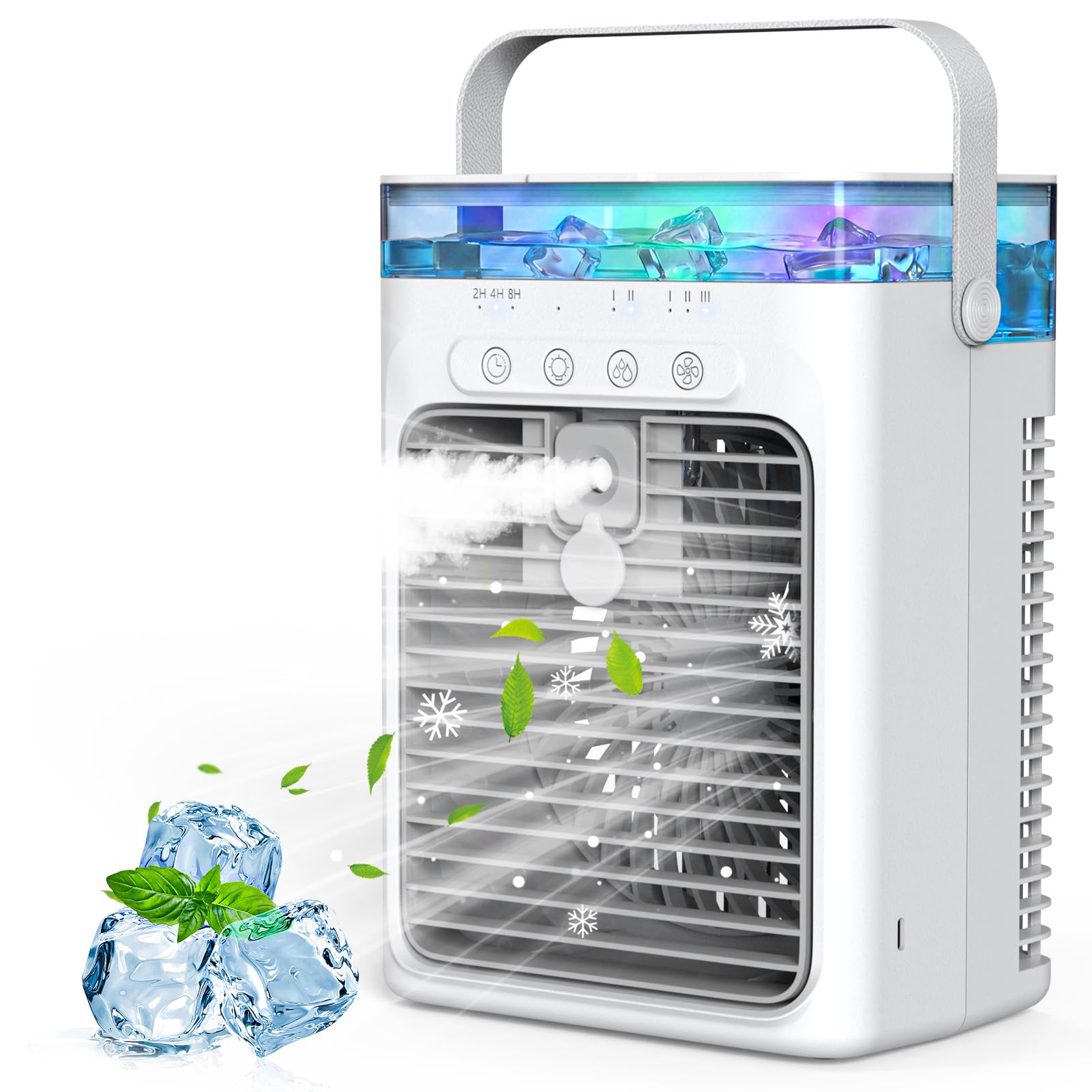 Portable Air Conditioner, 4 in 1 Mini Air Cooler with 1000ml Water Tank, 3 Speeds & 2 Mist Modes, 2/4/8H Timer, Ambient Light, USB Evaporative Mobile AC Cooling Fan for Home Bedroom Desktop Office