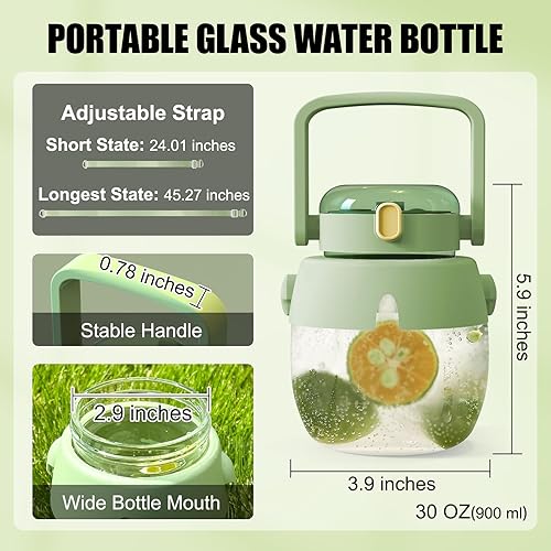 Miniatura 6 de Botella de agua de vidrio con correa, botellas de agua de 30 onzas con tapa y popote, bonita botella de agua con asa, 2 formas de beber, popote