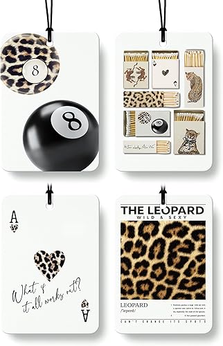 Miniatura 10 de Ambientador de Coche Retro Rojo de Guepardo 4 Piezas, Moderno Estampado de Guepardo Cereza Lucky 8 Ball Ambientador Colgante para Autos Armario