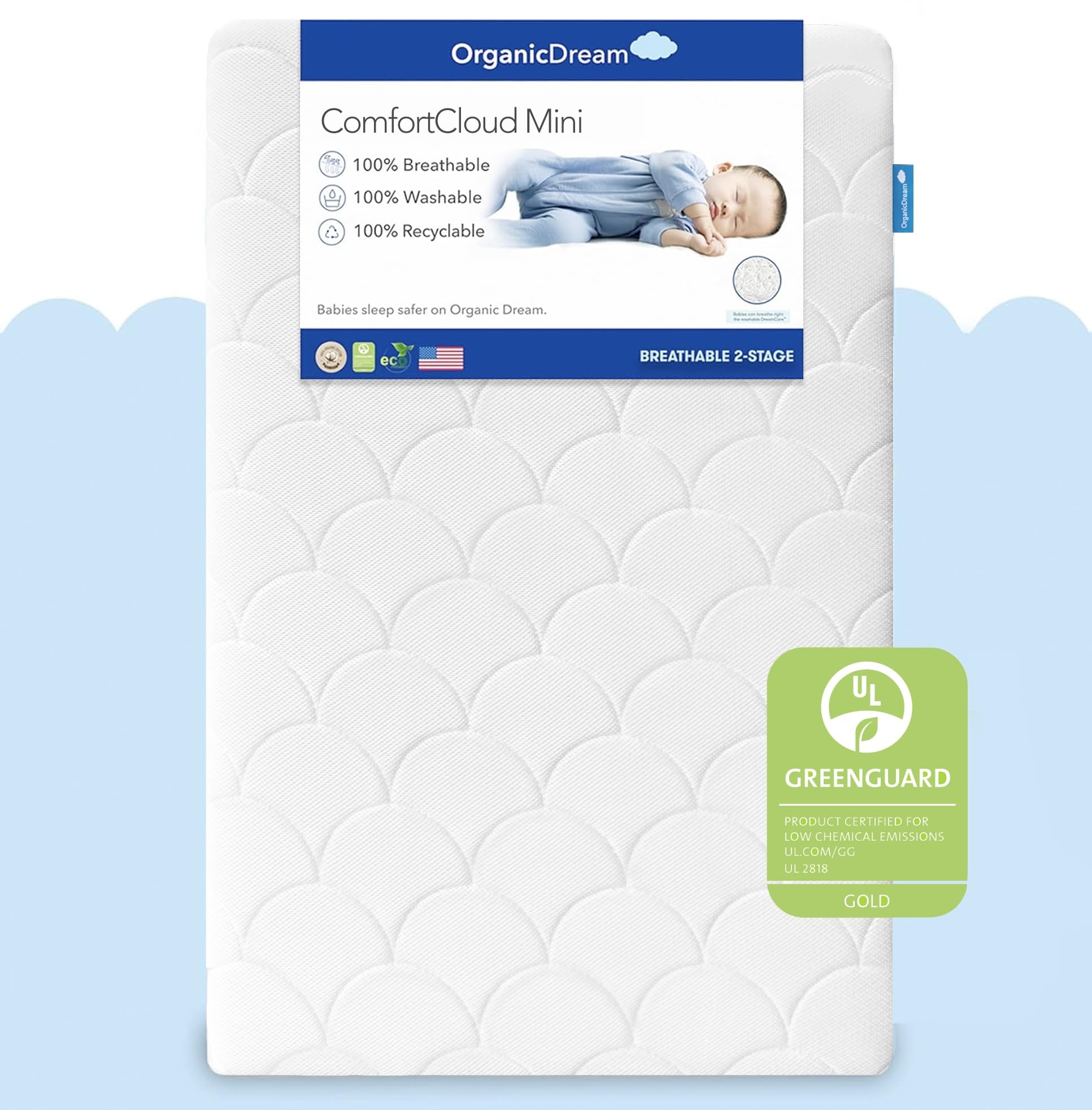 ORGANICDREAM ComfortCloud Mini Crib Mattress in White I 100% Breathable Proven to Reduce Suffocation Risk, 100% Washable, Dual-Sided, GreenGuard Gold Certified, Removable Cover - Deluxe 5" Thick