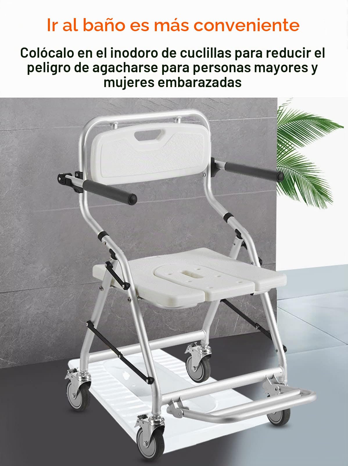 Silla para Ducha con Ruedas, Taburete de Ducha Plegable con Rueda de Freno Giratoria de 360° y Diseño Hueco en Forma de U, Silla de Baño para Ancianos y Mujeres Embarazadas, Aleación de Aluminio