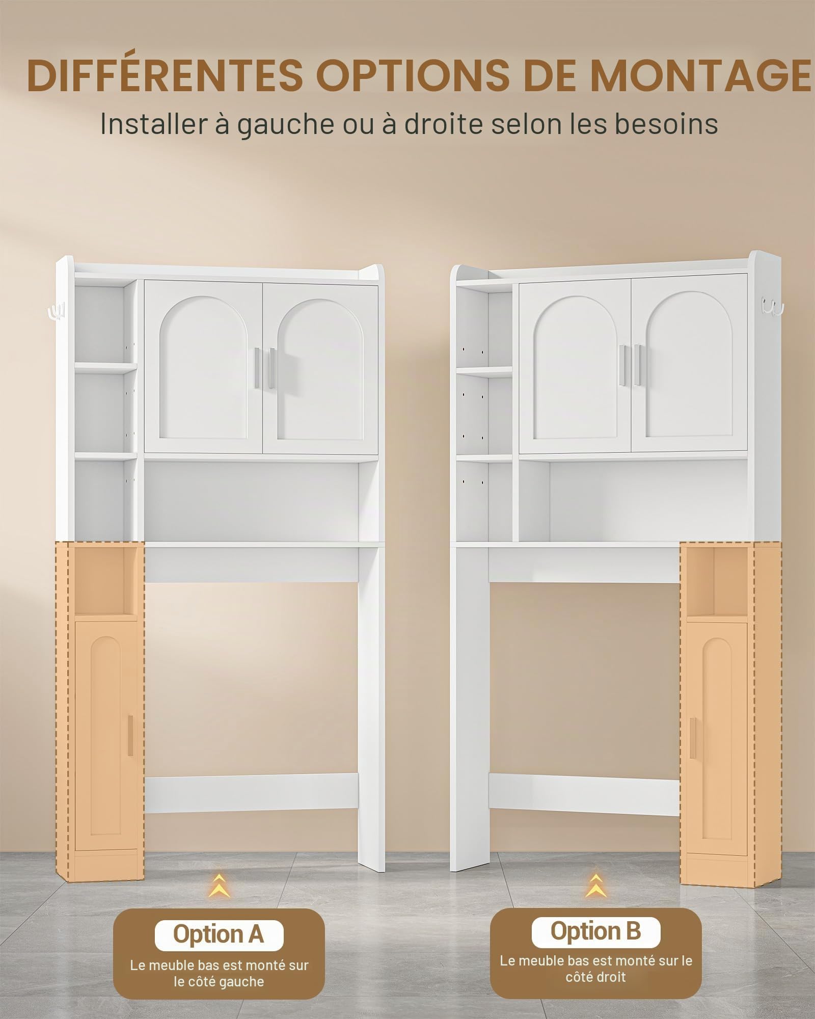Hzuaneri Meuble Machine à Laver, Étagère de Toilettes sur Pied, Blanc | 2 Armoires, 5 Compartiments Ouverts, 3 Portes Meuble WC, Étagères Réglables, 24 x 82 x 170 cm, LR82003X