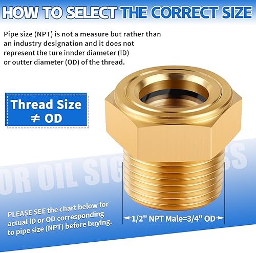 Miniatura 2 de Vista de aceite para compresor, 12 NPT macho cabeza hexagonal vidrio de vista de aceite, vidrio de vista de aceite de latón macizo resistente,