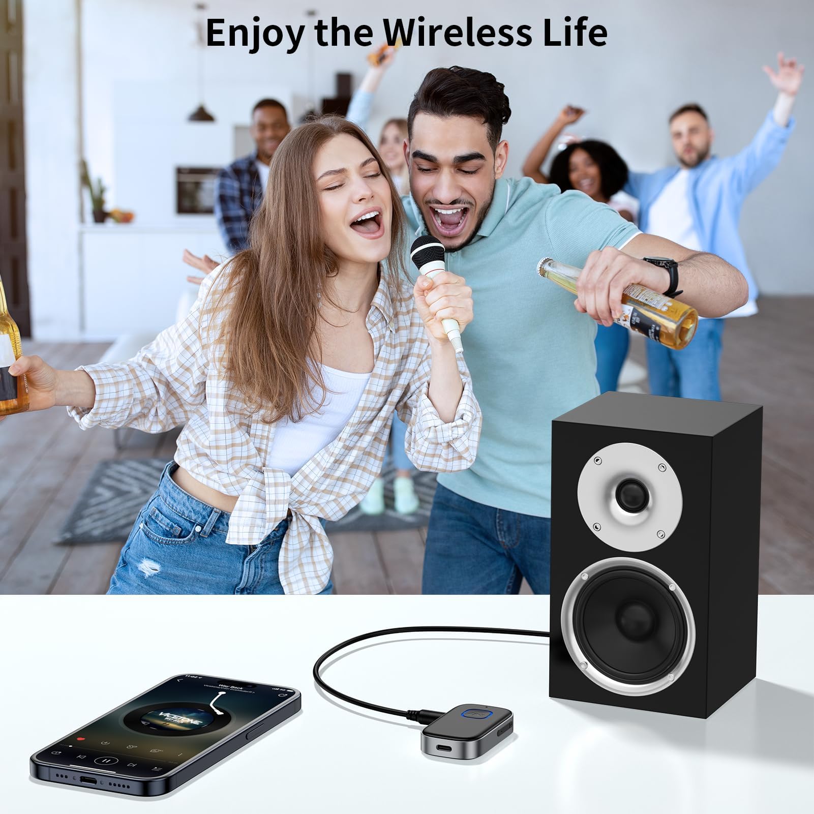 GlasFlength Aux Auto, Ricevitore Bluetooth 5.0 per vivavoce, Stereo Musica Adattatore Aux 3,5 mm 16 ore di tempo di riproduzione adattatore per autoradio cuffie stereo
