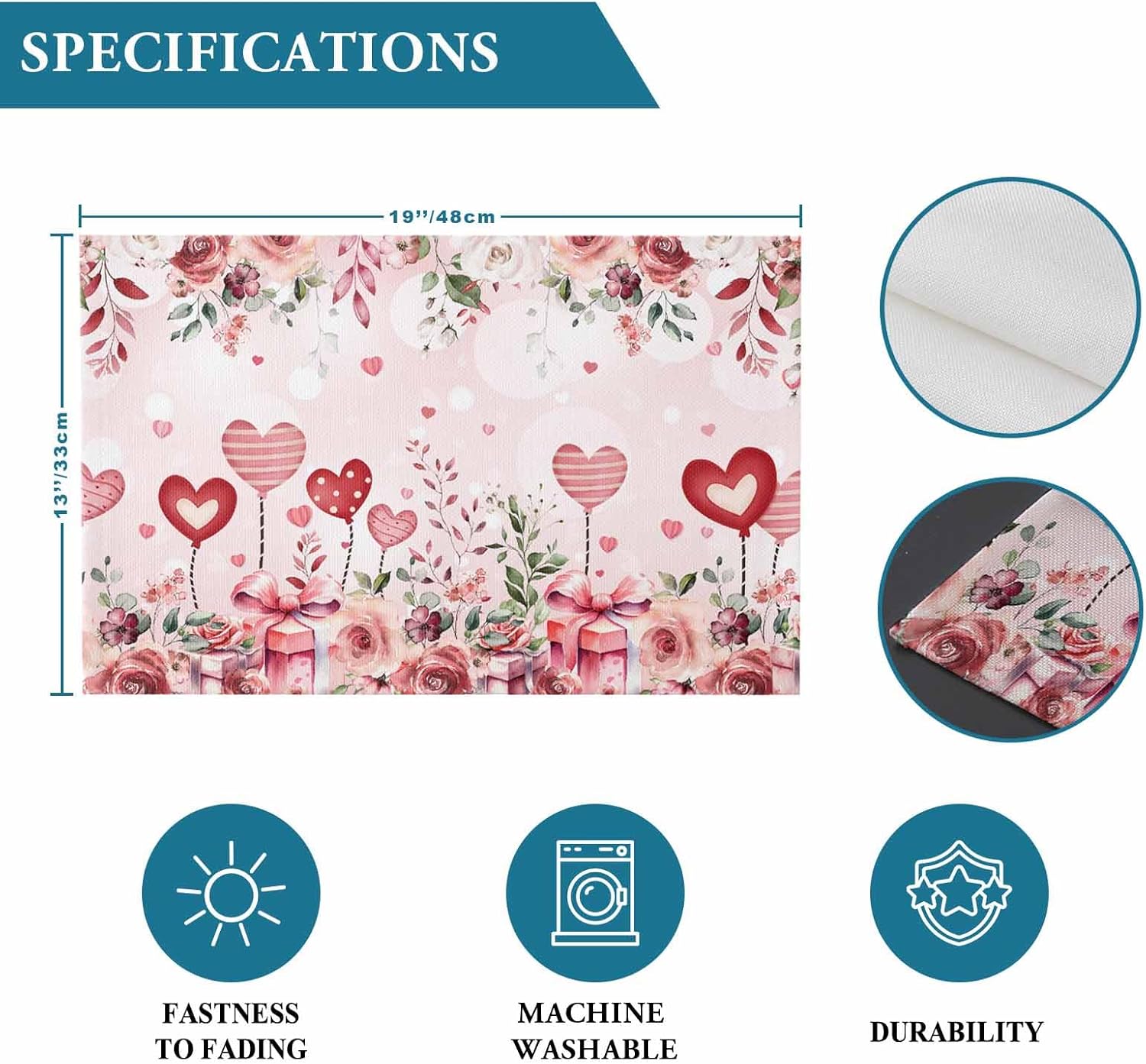 Valentines Placemats Eucalyptus Leaves Heart Flowers Valentines Day Place Mats for Dining Room Gift Rose Washable Table Mats for Kitchen Dining Decorations Set of 6