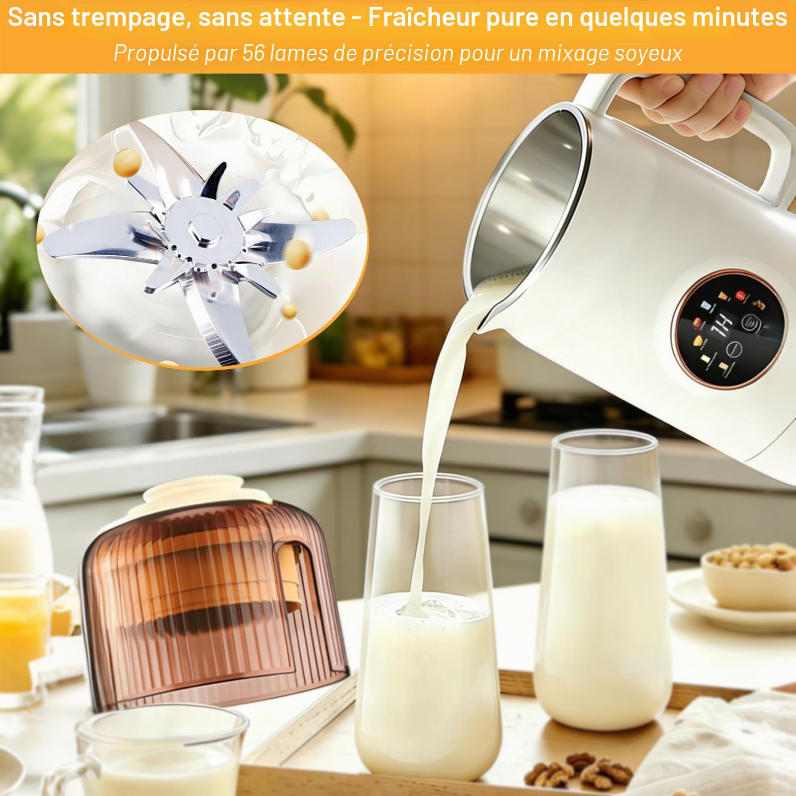 Machine à Lait Végétal 1200 ml avec Auto-Nettoyage, Idéale pour Lait d’Amande, Lait de Soja & Smoothies, Moteur Haute Performance avec Réduction du Bruit, Sans BPA avec Livre de Recettes