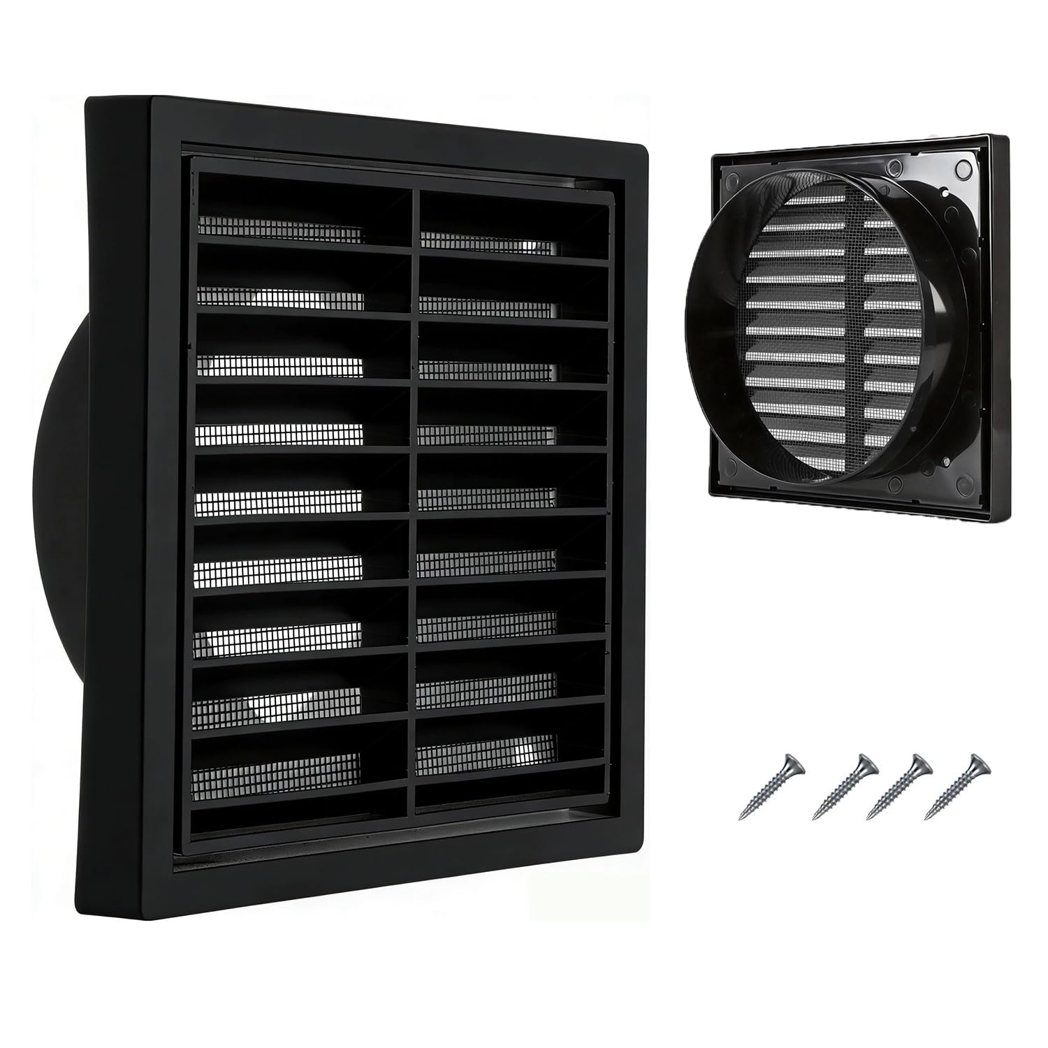 Homieco Louvred Wall Vent Grille 150mm External Air Vent Cover with Flyscreen for Tumble Dryer, Extractor Fan, Garage, Bathroom, Kitchen, Exterior Walls, Attic (Black 150mm)