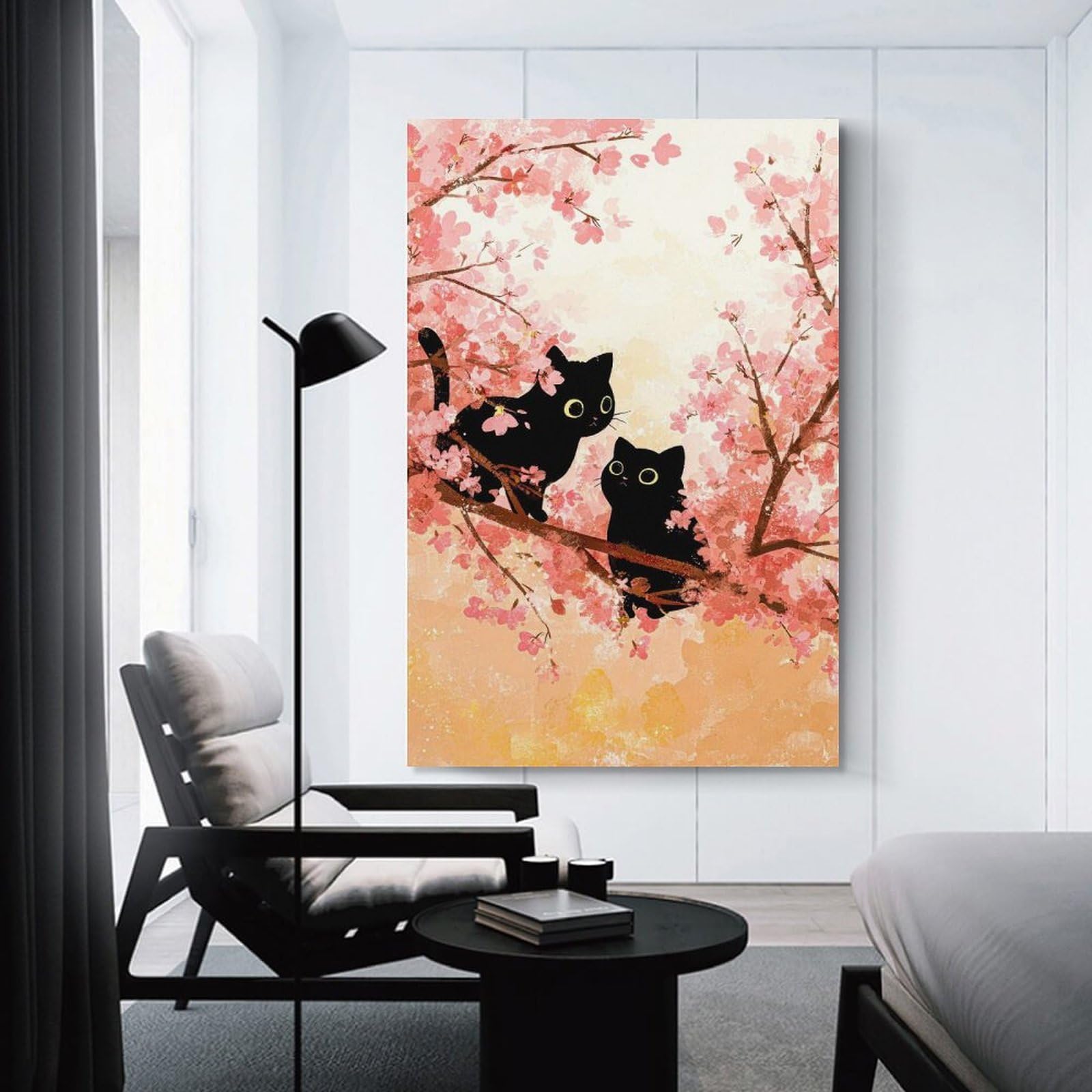 Junmoney Two Black Cats in Cherry Blossoms Wall Art Print, 20x30inch(50x75cm), for Workspace Walls, Study Corners Or Bedrooms, A Smart Decor Choice for Study Walls